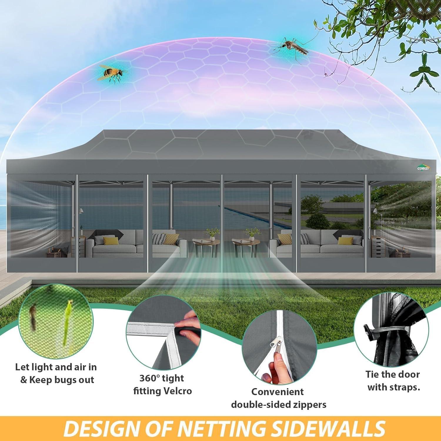 image:imageCOBIZI 10x10 Canopy Tent with 4 SidewallsHeavy Duty Pop up Canopy with Mosquito NettingEasy up Screen Tent for Parties Wedding Outdoor Camping with HandbagKhakiGray