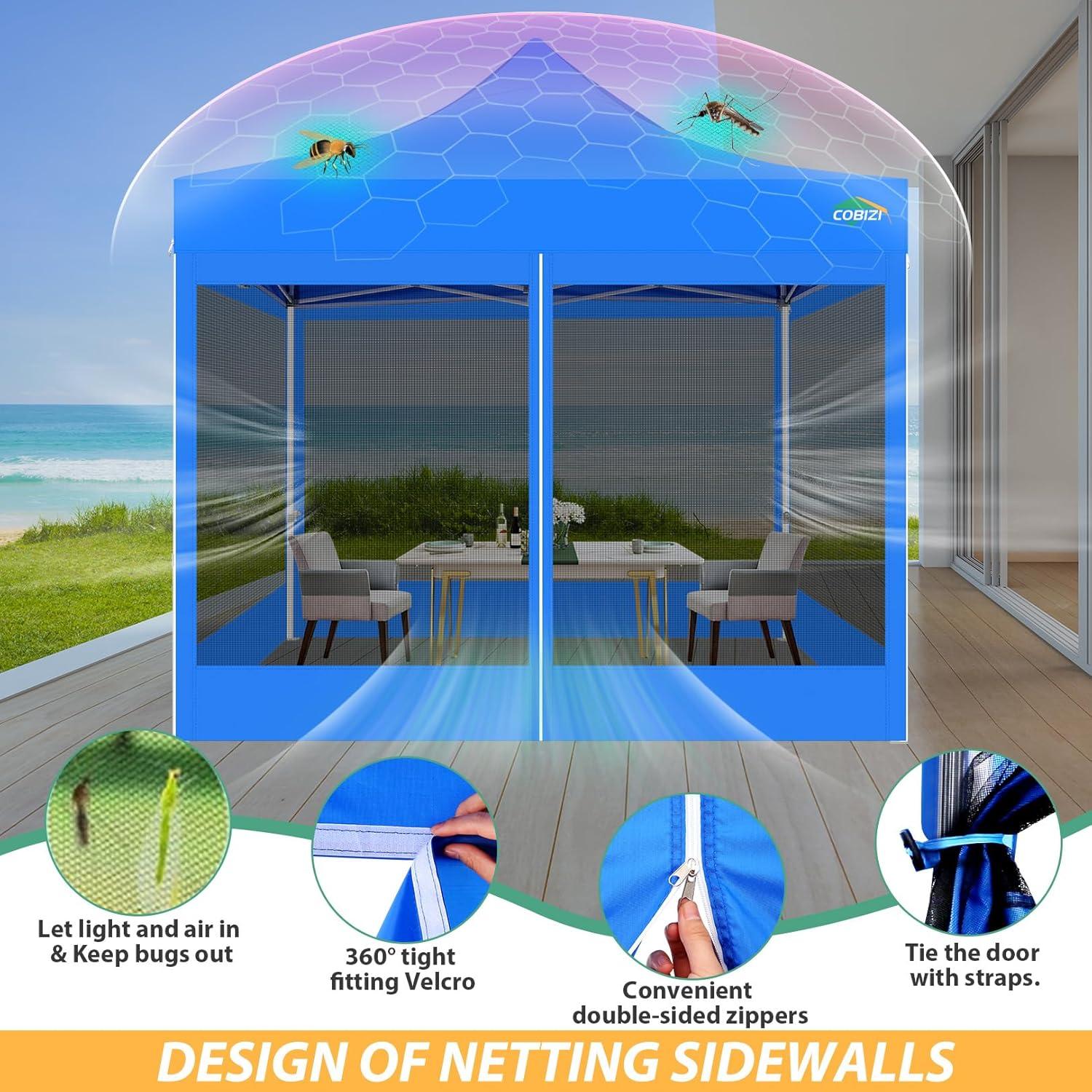 image:imageCOBIZI 10x10 Canopy Tent with 4 SidewallsHeavy Duty Pop up Canopy with Mosquito NettingEasy up Screen Tent for Parties Wedding Outdoor Camping with HandbagKhakiBlue