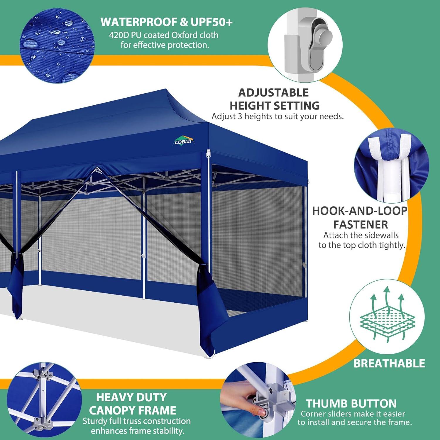 image:imageCOBIZI 10x10 Canopy Tent with 4 SidewallsHeavy Duty Pop up Canopy with Mosquito NettingEasy up Screen Tent for Parties Wedding Outdoor Camping with HandbagKhakiDeep Blue