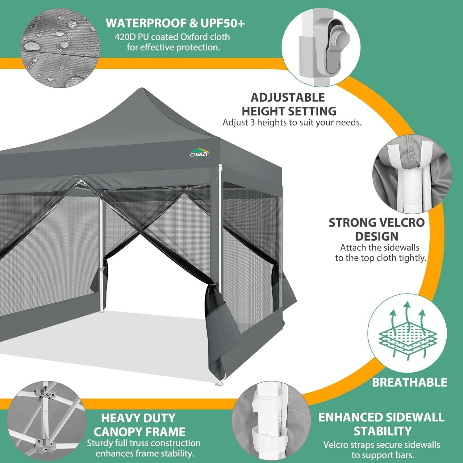 image:imageCOBIZI 10x10 Canopy Tent with 4 SidewallsHeavy Duty Pop up Canopy with Mosquito NettingEasy up Screen Tent for Parties Wedding Outdoor Camping with HandbagKhakiGray