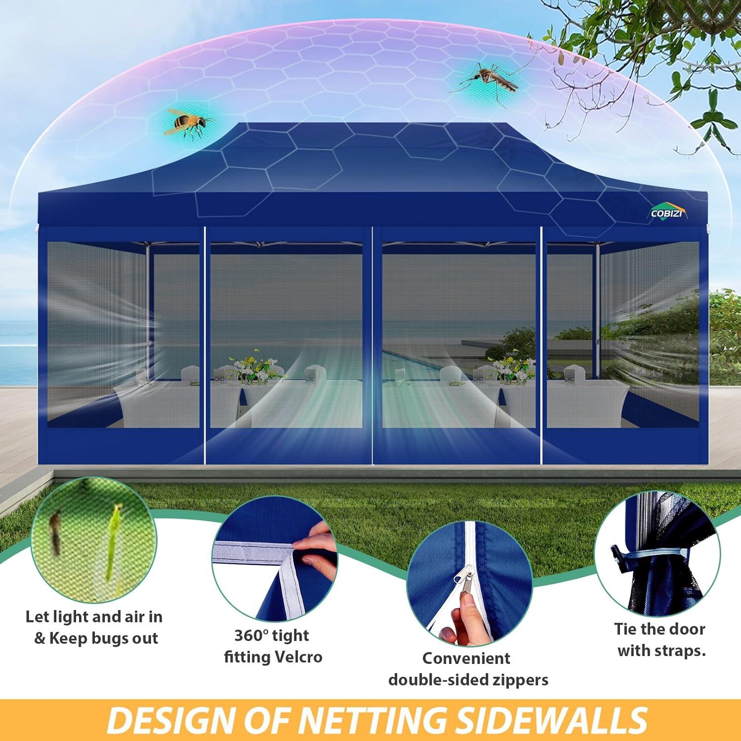 image:imageCOBIZI 10x10 Canopy Tent with 4 SidewallsHeavy Duty Pop up Canopy with Mosquito NettingEasy up Screen Tent for Parties Wedding Outdoor Camping with HandbagKhakiDeep Blue