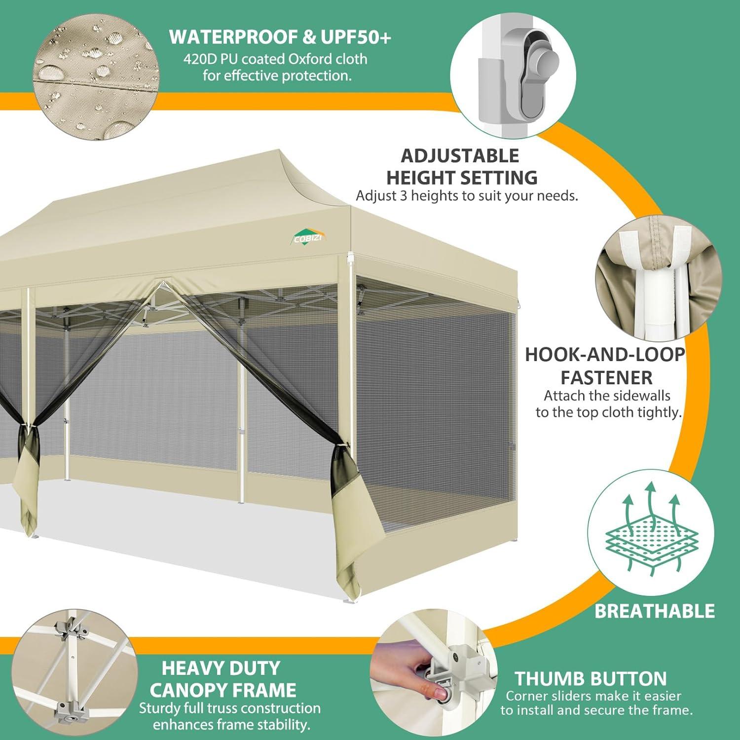 image:imageCOBIZI 10x10 Canopy Tent with 4 SidewallsHeavy Duty Pop up Canopy with Mosquito NettingEasy up Screen Tent for Parties Wedding Outdoor Camping with HandbagKhakiKhaki