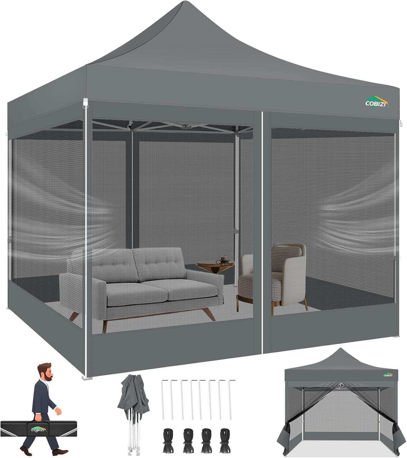 image:imageCOBIZI 10x10 Canopy Tent with 4 SidewallsHeavy Duty Pop up Canopy with Mosquito NettingEasy up Screen Tent for Parties Wedding Outdoor Camping with HandbagKhakiGray