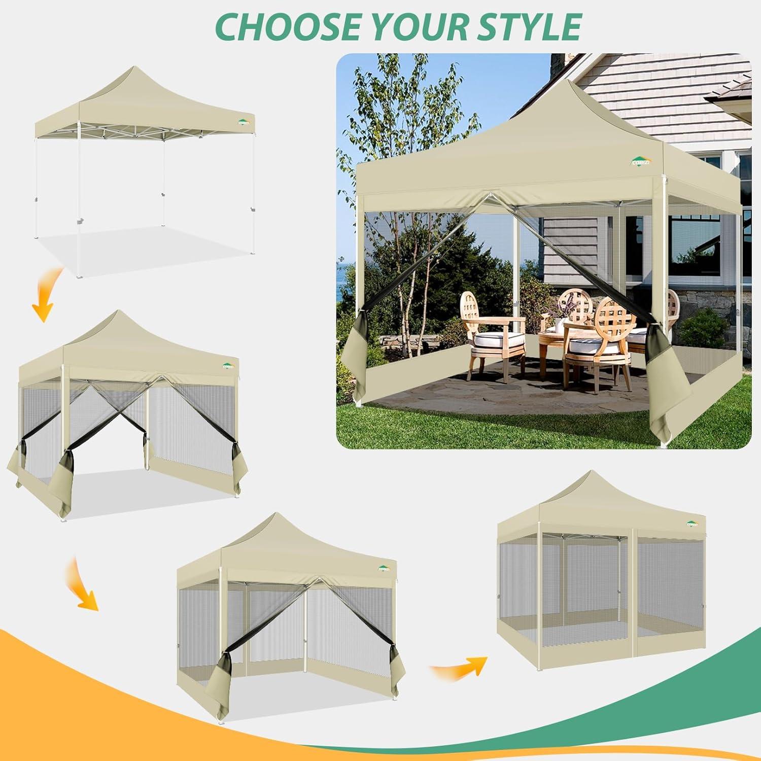 image:imageCOBIZI 10x10 Canopy Tent with 4 SidewallsHeavy Duty Pop up Canopy with Mosquito NettingEasy up Screen Tent for Parties Wedding Outdoor Camping with HandbagKhakiKhaki