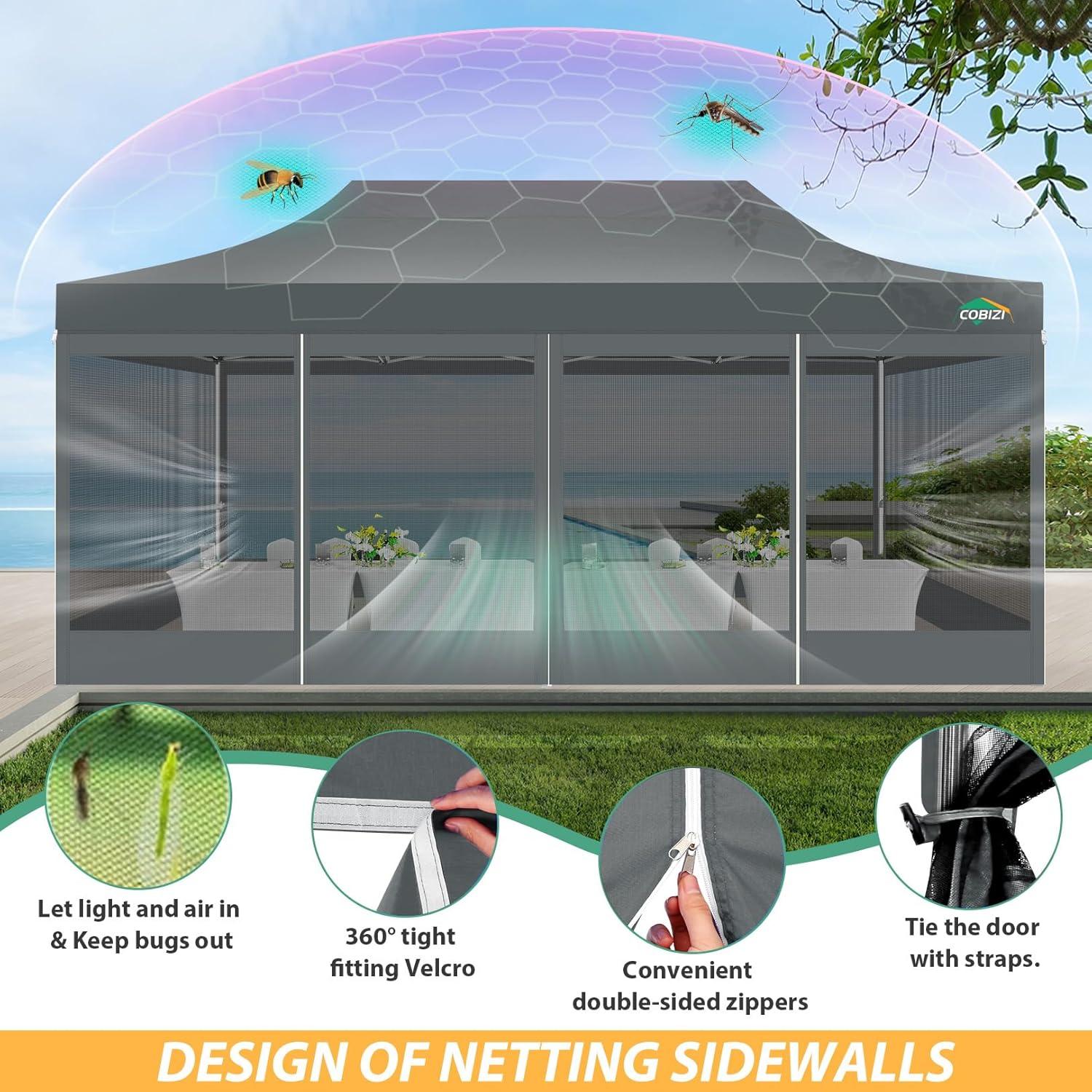 image:imageCOBIZI 10x10 Canopy Tent with 4 SidewallsHeavy Duty Pop up Canopy with Mosquito NettingEasy up Screen Tent for Parties Wedding Outdoor Camping with HandbagKhakiGray