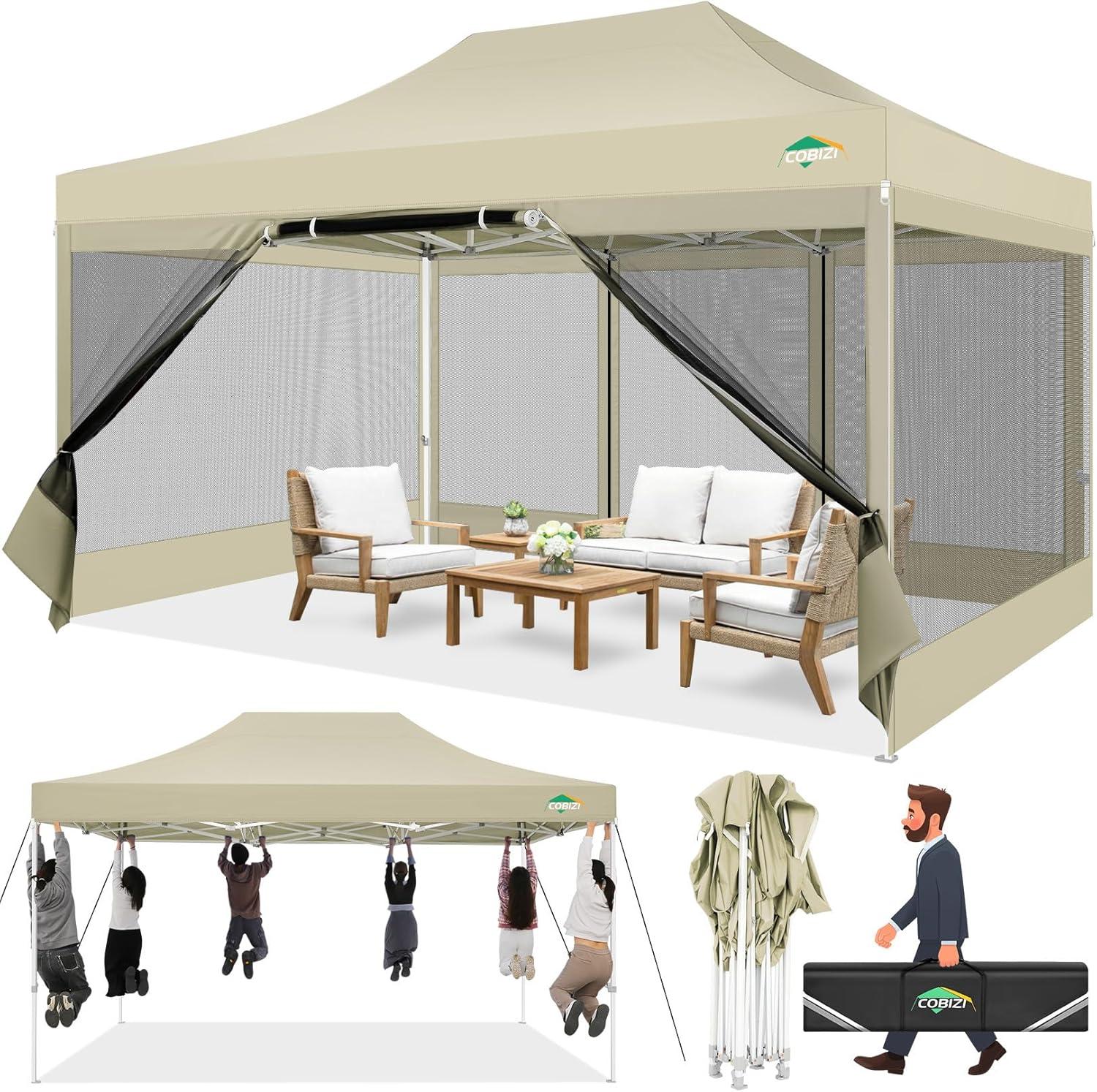 image:imageCOBIZI 10x10 Canopy Tent with 4 SidewallsHeavy Duty Pop up Canopy with Mosquito NettingEasy up Screen Tent for Parties Wedding Outdoor Camping with HandbagKhakiKhaki
