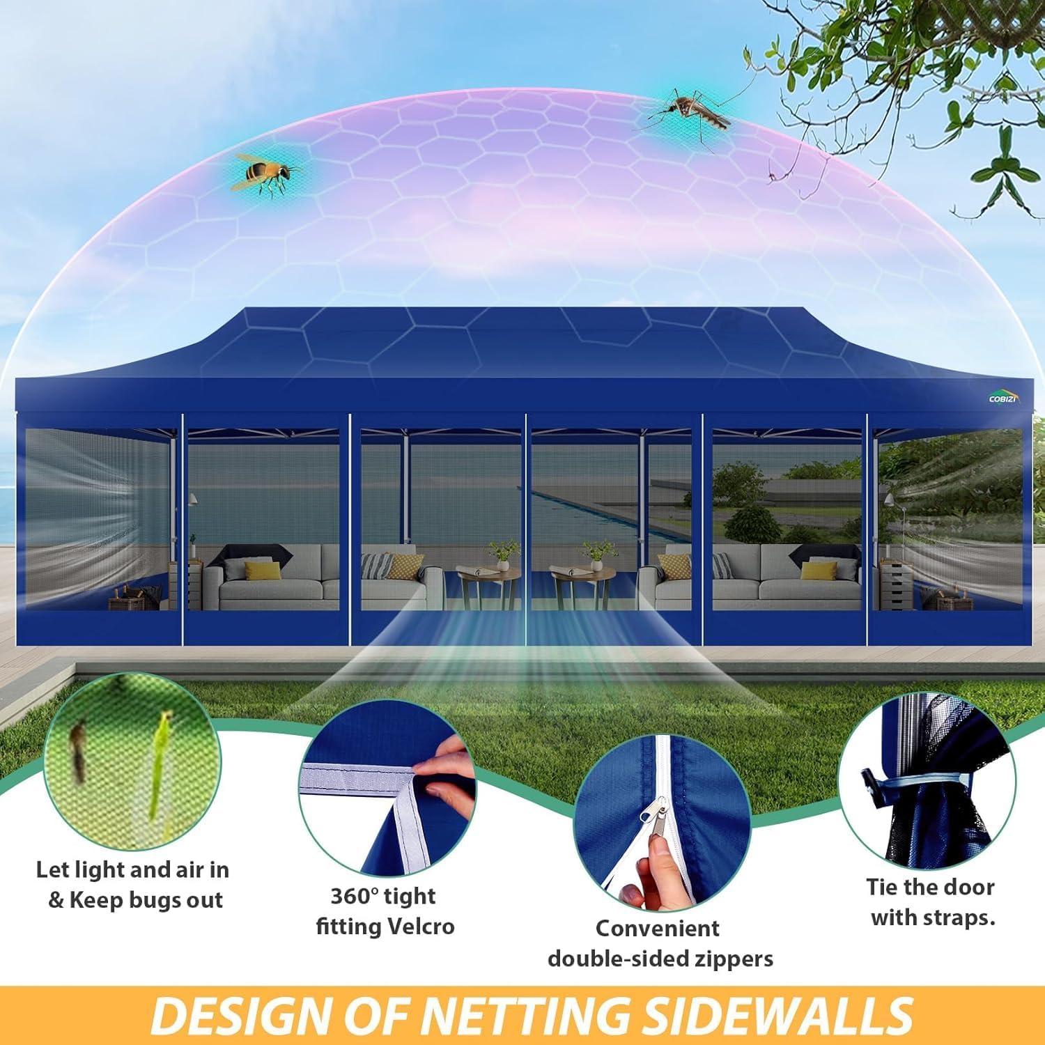 image:imageCOBIZI 10x10 Canopy Tent with 4 SidewallsHeavy Duty Pop up Canopy with Mosquito NettingEasy up Screen Tent for Parties Wedding Outdoor Camping with HandbagKhakiDeep Blue