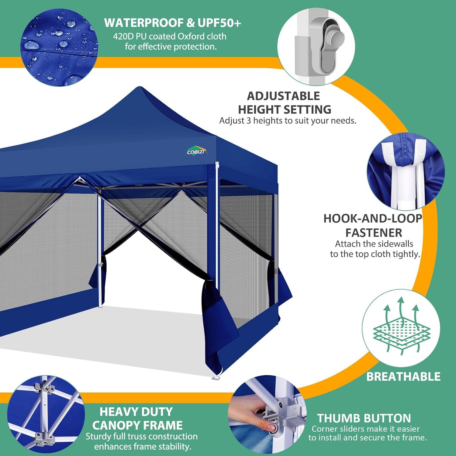 image:imageCOBIZI 10x10 Canopy Tent with 4 SidewallsHeavy Duty Pop up Canopy with Mosquito NettingEasy up Screen Tent for Parties Wedding Outdoor Camping with HandbagKhakiDeep Blue