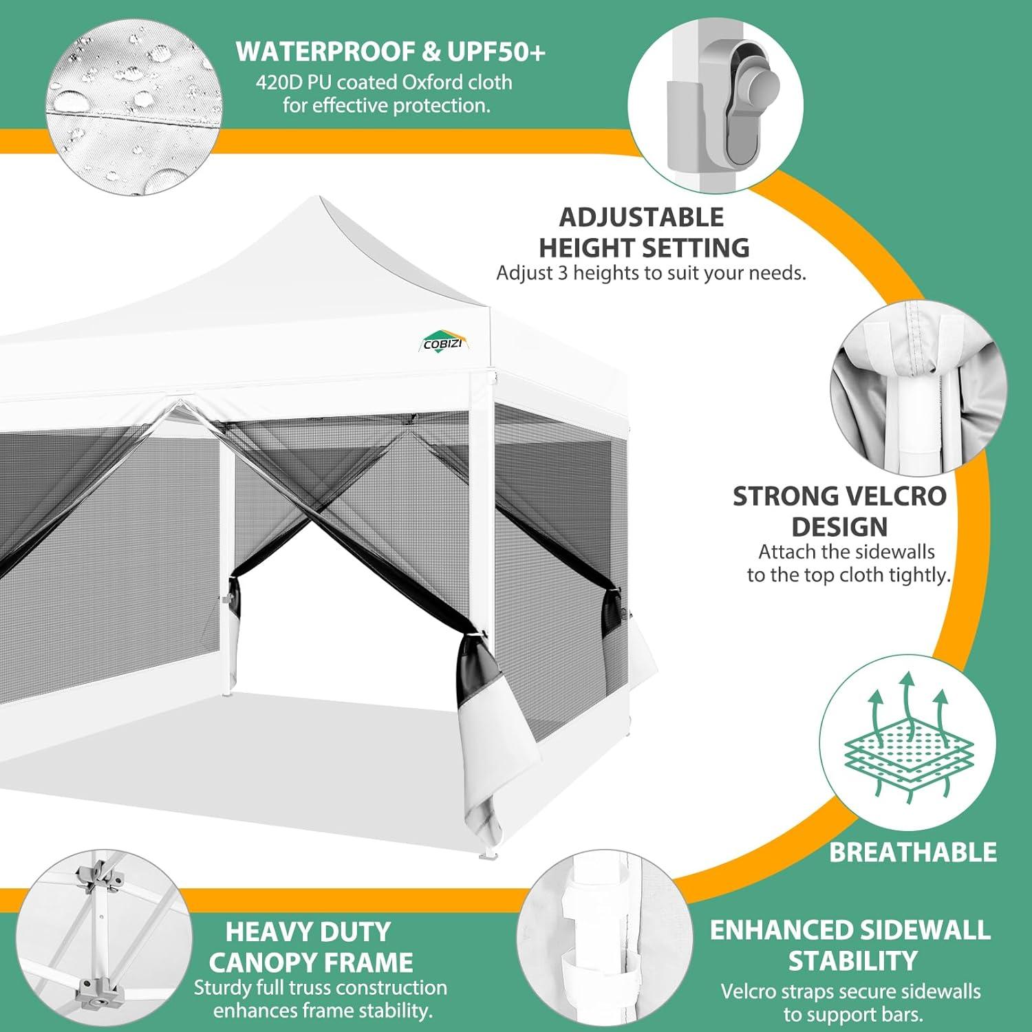 image:imageCOBIZI 10x10 Canopy Tent with 4 SidewallsHeavy Duty Pop up Canopy with Mosquito NettingEasy up Screen Tent for Parties Wedding Outdoor Camping with HandbagKhakiWhite
