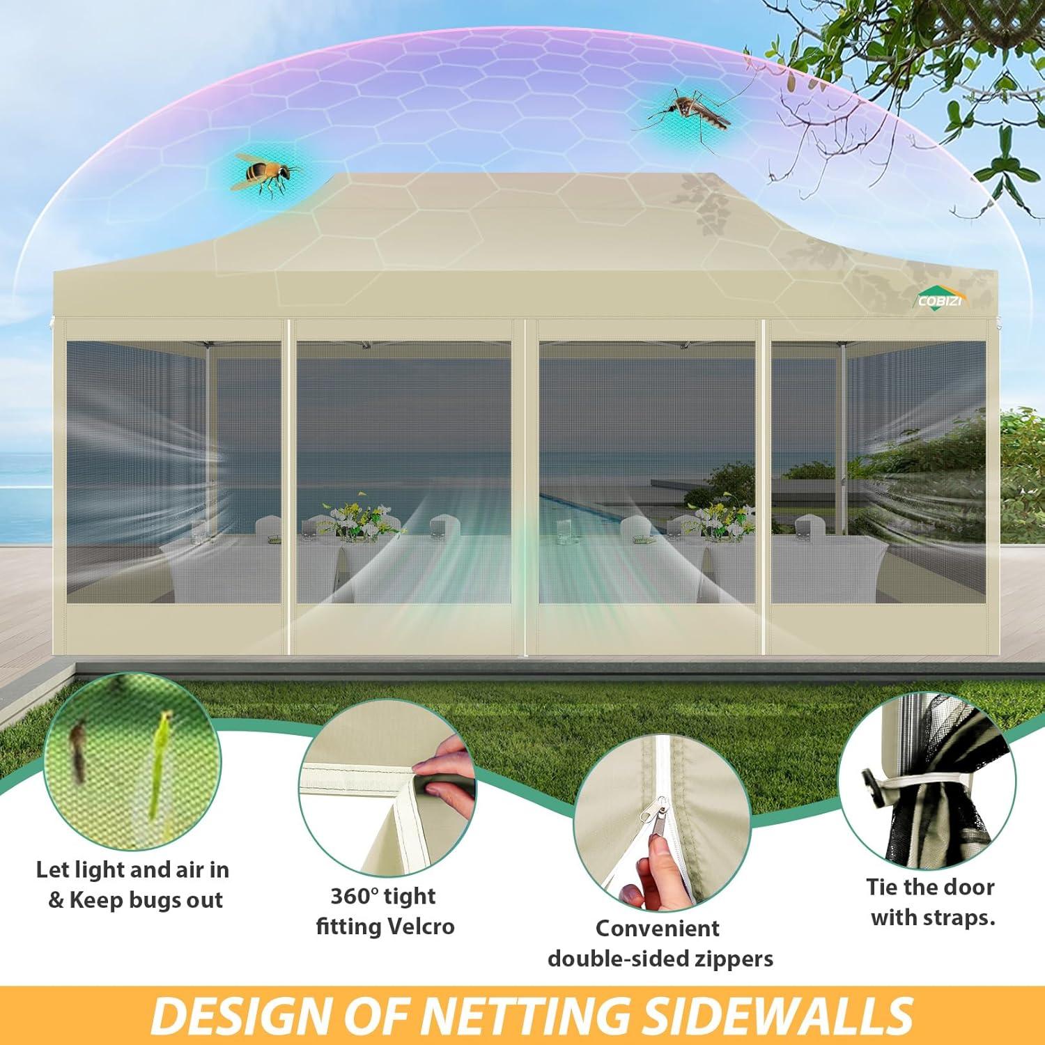 image:imageCOBIZI 10x10 Canopy Tent with 4 SidewallsHeavy Duty Pop up Canopy with Mosquito NettingEasy up Screen Tent for Parties Wedding Outdoor Camping with HandbagKhakiKhaki