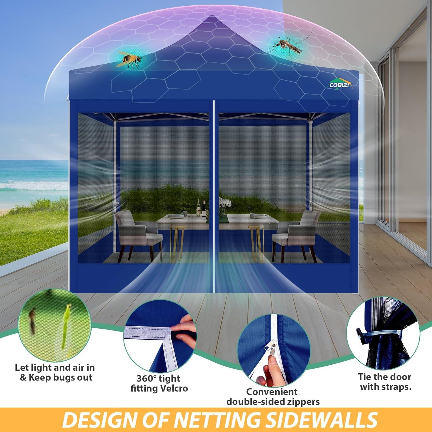 image:imageCOBIZI 10x10 Canopy Tent with 4 SidewallsHeavy Duty Pop up Canopy with Mosquito NettingEasy up Screen Tent for Parties Wedding Outdoor Camping with HandbagKhakiDeep Blue
