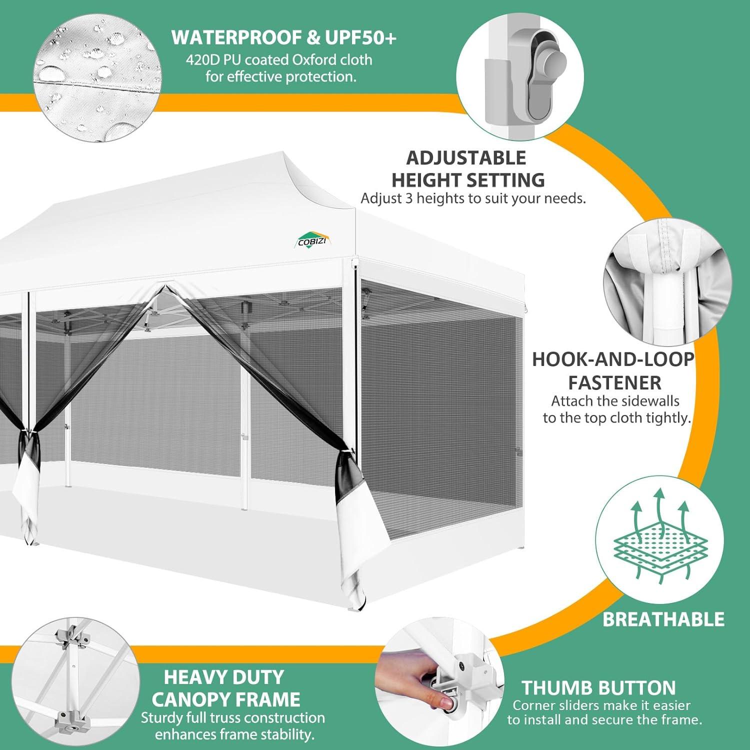 image:imageCOBIZI 10x10 Canopy Tent with 4 SidewallsHeavy Duty Pop up Canopy with Mosquito NettingEasy up Screen Tent for Parties Wedding Outdoor Camping with HandbagKhakiWhite