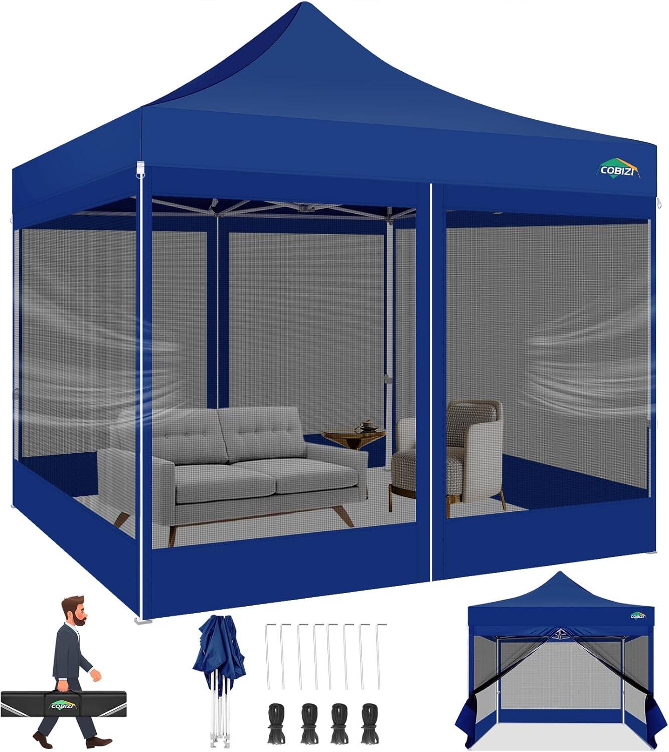 image:imageCOBIZI 10x10 Canopy Tent with 4 SidewallsHeavy Duty Pop up Canopy with Mosquito NettingEasy up Screen Tent for Parties Wedding Outdoor Camping with HandbagKhakiDeep Blue