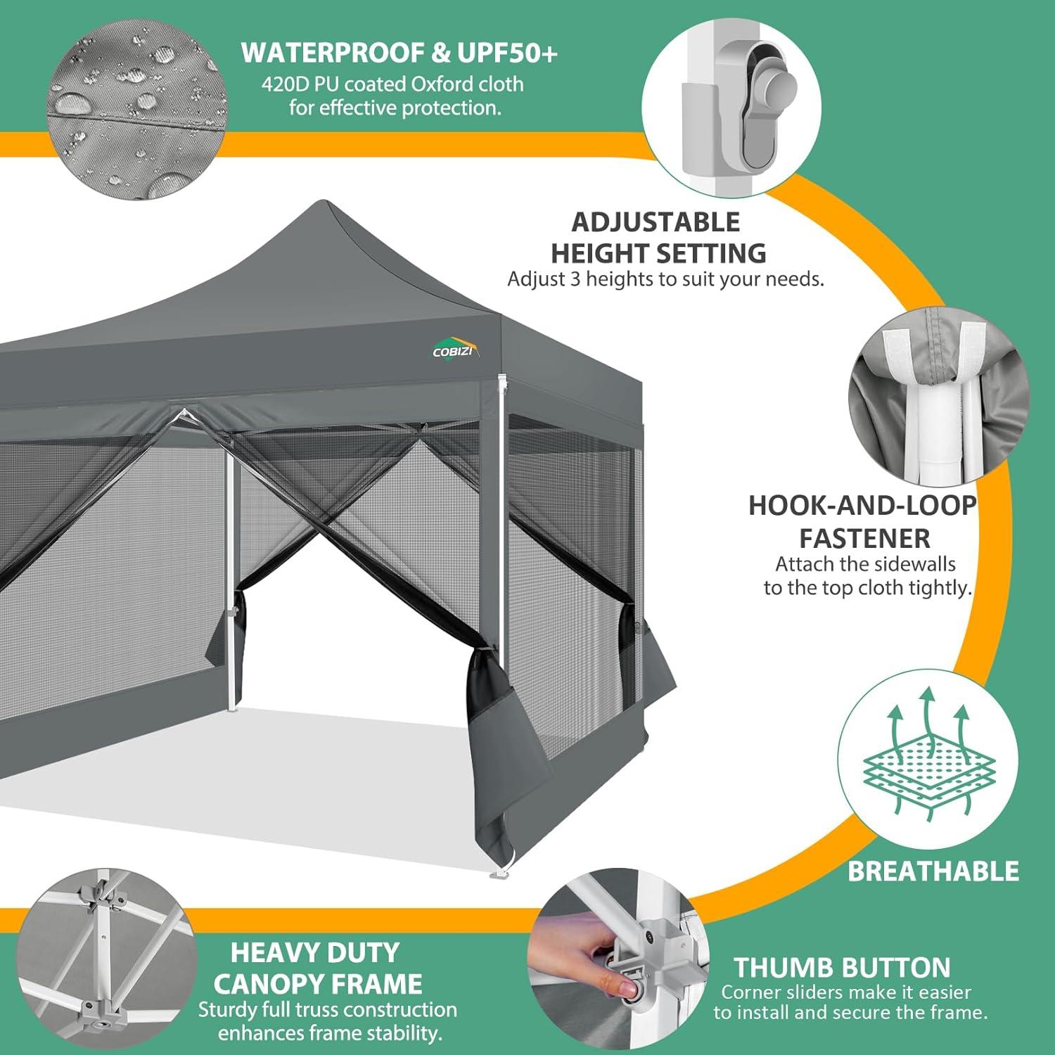 image:imageCOBIZI 10x10 Canopy Tent with 4 SidewallsHeavy Duty Pop up Canopy with Mosquito NettingEasy up Screen Tent for Parties Wedding Outdoor Camping with HandbagKhakiGray