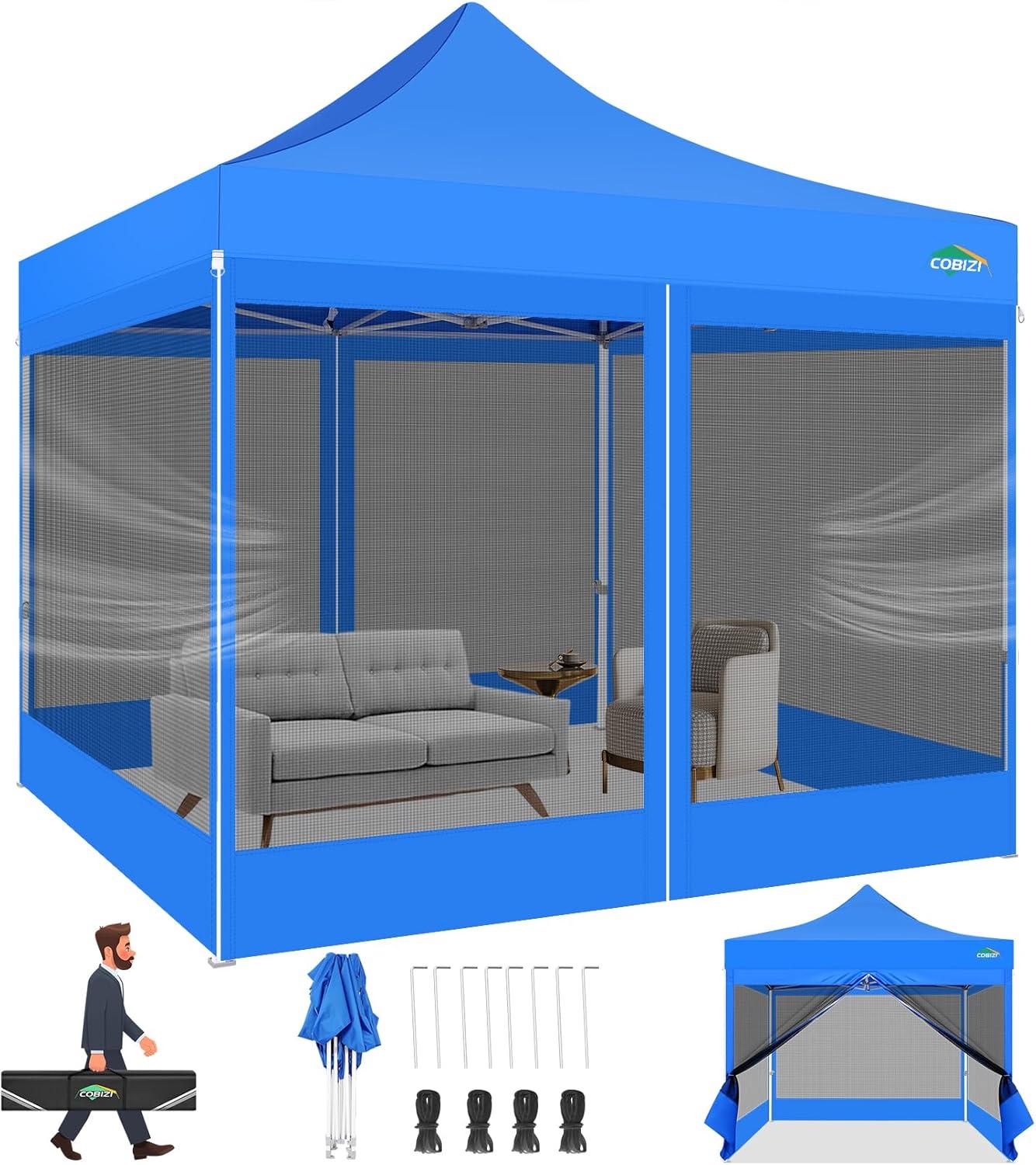 image:imageCOBIZI 10x10 Canopy Tent with 4 SidewallsHeavy Duty Pop up Canopy with Mosquito NettingEasy up Screen Tent for Parties Wedding Outdoor Camping with HandbagKhakiBlue