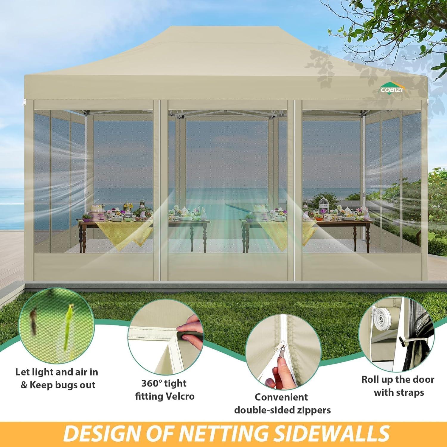image:imageCOBIZI 10x10 Canopy Tent with 4 SidewallsHeavy Duty Pop up Canopy with Mosquito NettingEasy up Screen Tent for Parties Wedding Outdoor Camping with HandbagKhakiKhaki