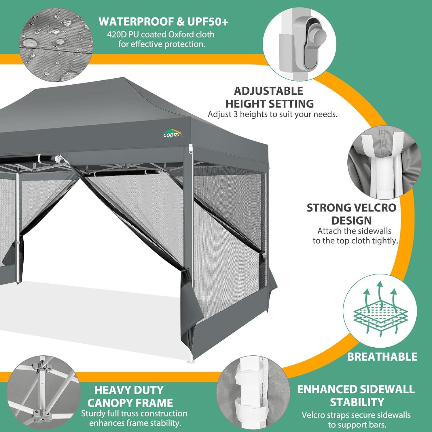 image:imageCOBIZI 10x10 Canopy Tent with 4 SidewallsHeavy Duty Pop up Canopy with Mosquito NettingEasy up Screen Tent for Parties Wedding Outdoor Camping with HandbagKhakiGray