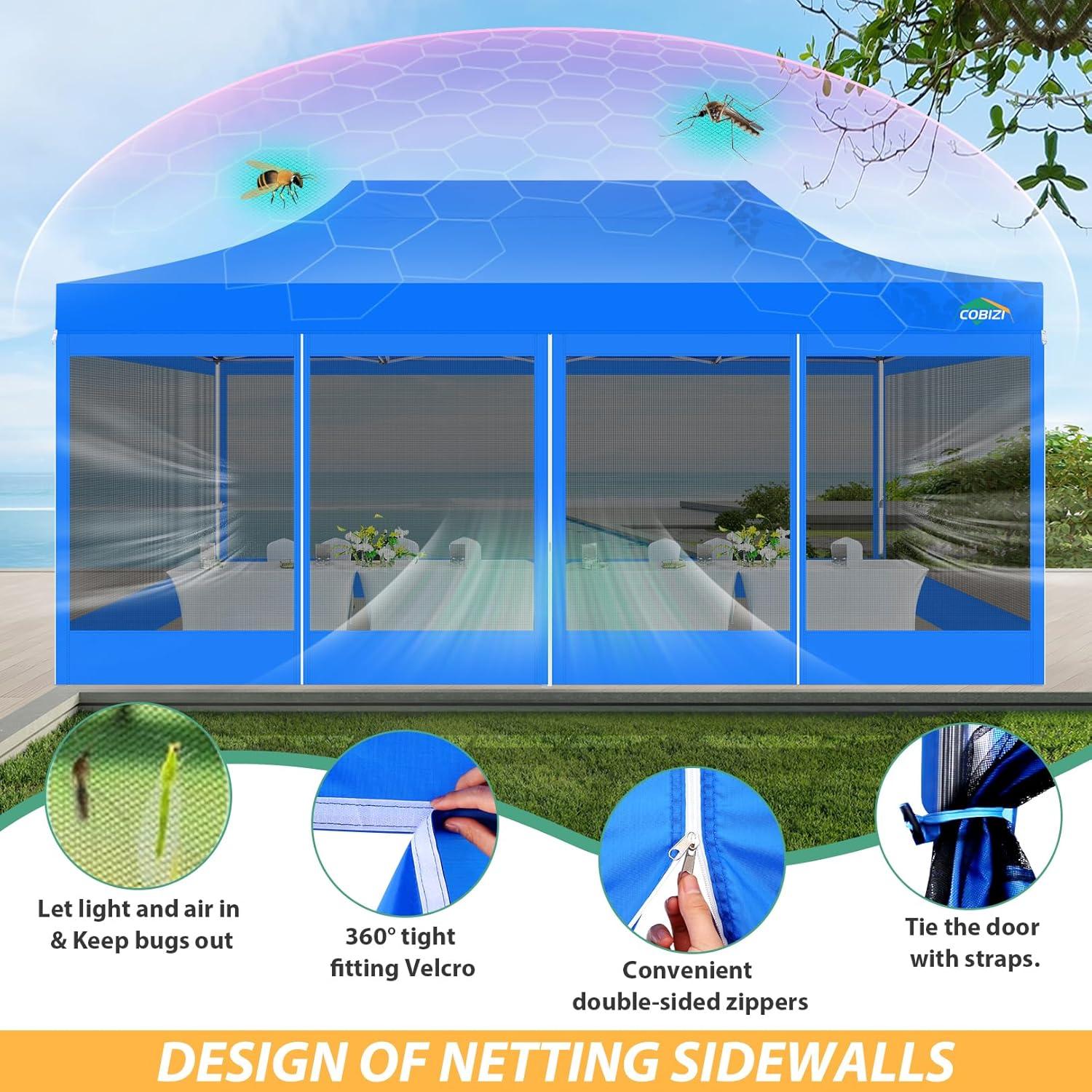 image:imageCOBIZI 10x10 Canopy Tent with 4 SidewallsHeavy Duty Pop up Canopy with Mosquito NettingEasy up Screen Tent for Parties Wedding Outdoor Camping with HandbagKhakiBlue