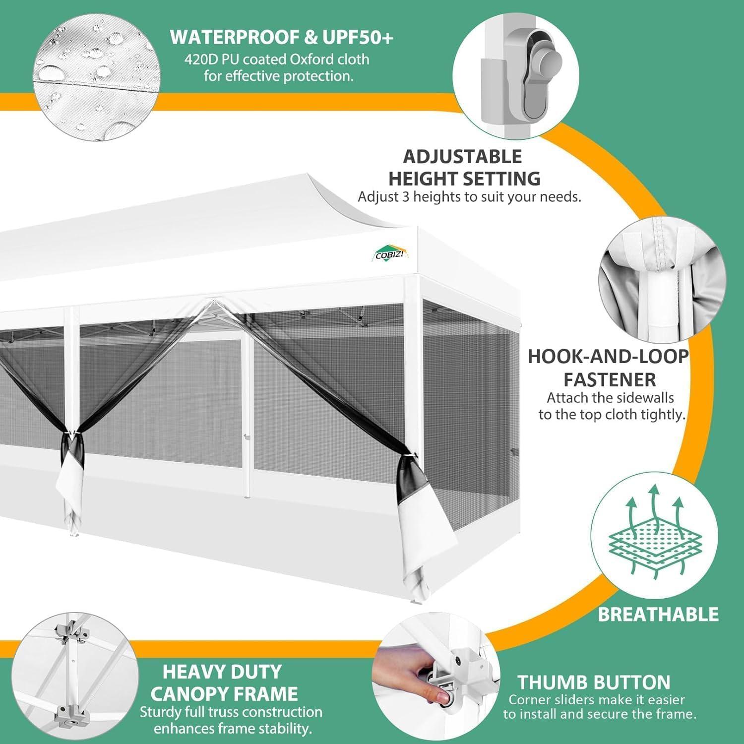 image:imageCOBIZI 10x10 Canopy Tent with 4 SidewallsHeavy Duty Pop up Canopy with Mosquito NettingEasy up Screen Tent for Parties Wedding Outdoor Camping with HandbagKhakiWhite