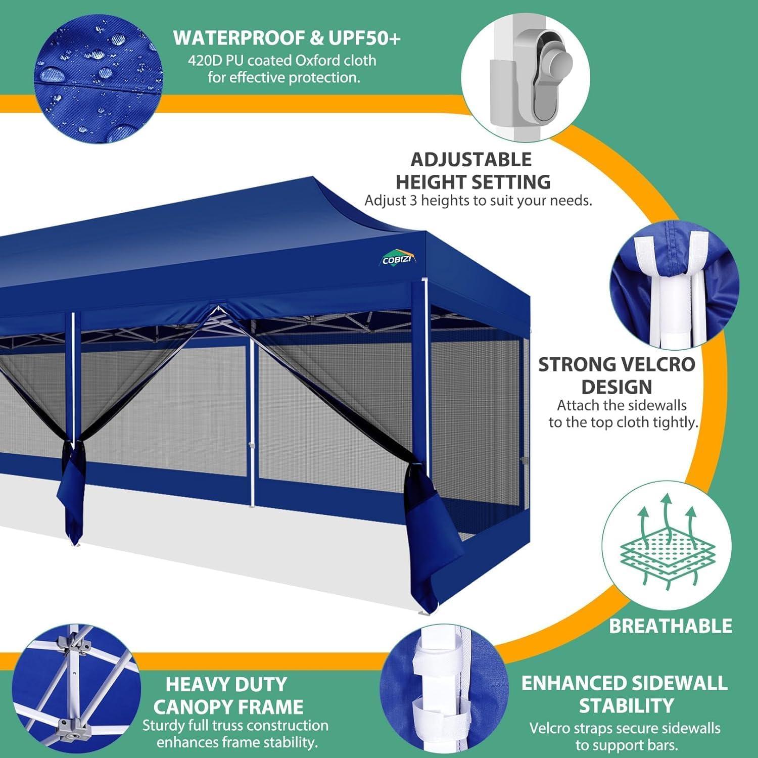 image:imageCOBIZI 10x10 Canopy Tent with 4 SidewallsHeavy Duty Pop up Canopy with Mosquito NettingEasy up Screen Tent for Parties Wedding Outdoor Camping with HandbagKhakiDeep Blue