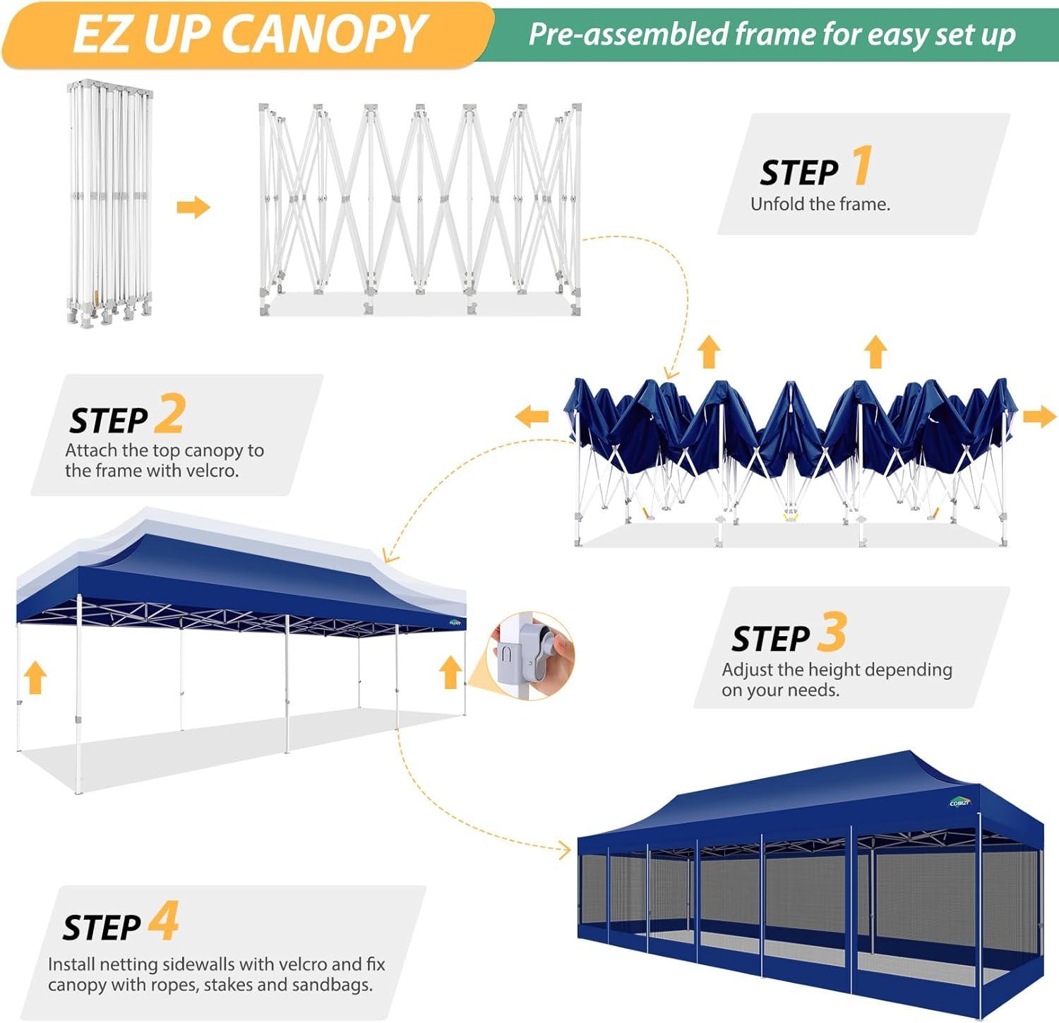 image:imageCOBIZI 10x10 Canopy Tent with 4 SidewallsHeavy Duty Pop up Canopy with Mosquito NettingEasy up Screen Tent for Parties Wedding Outdoor Camping with HandbagKhakiDeep Blue