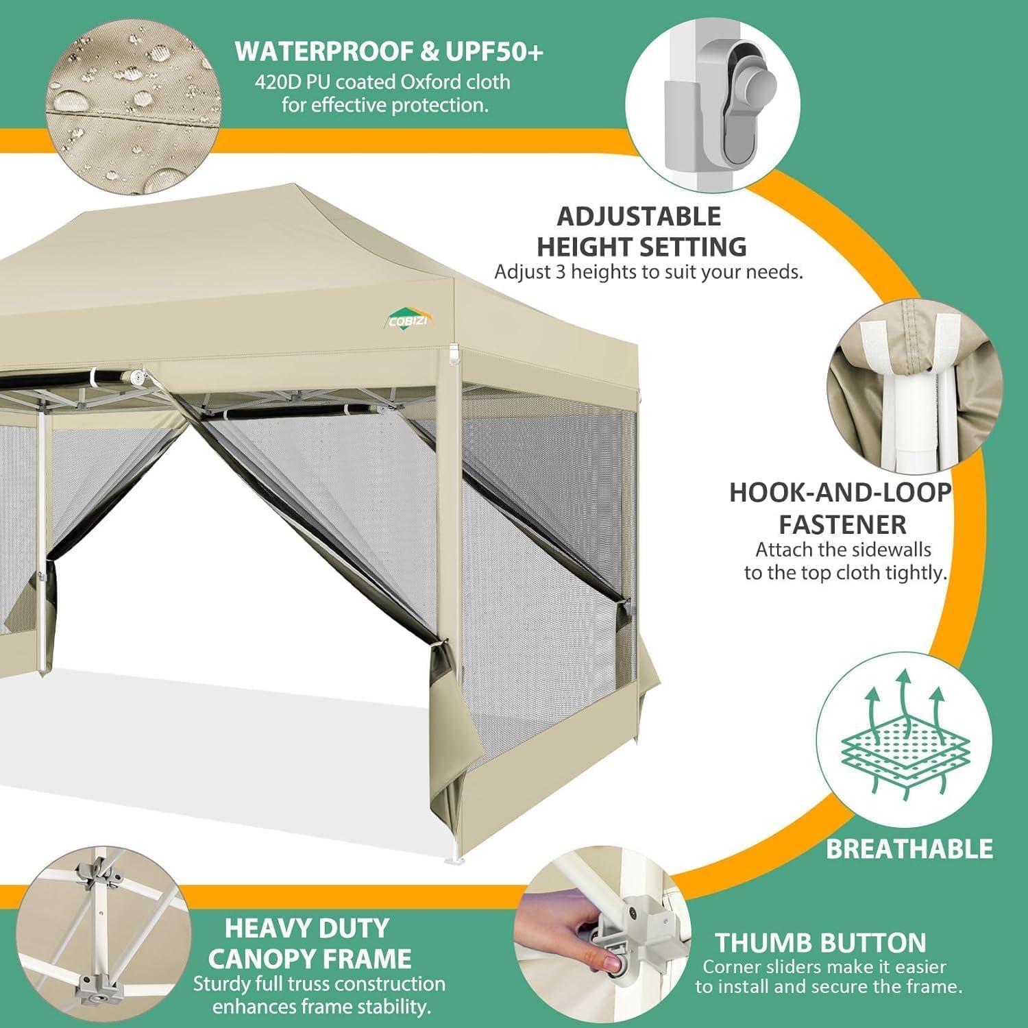 image:imageCOBIZI 10x10 Canopy Tent with 4 SidewallsHeavy Duty Pop up Canopy with Mosquito NettingEasy up Screen Tent for Parties Wedding Outdoor Camping with HandbagKhakiKhaki