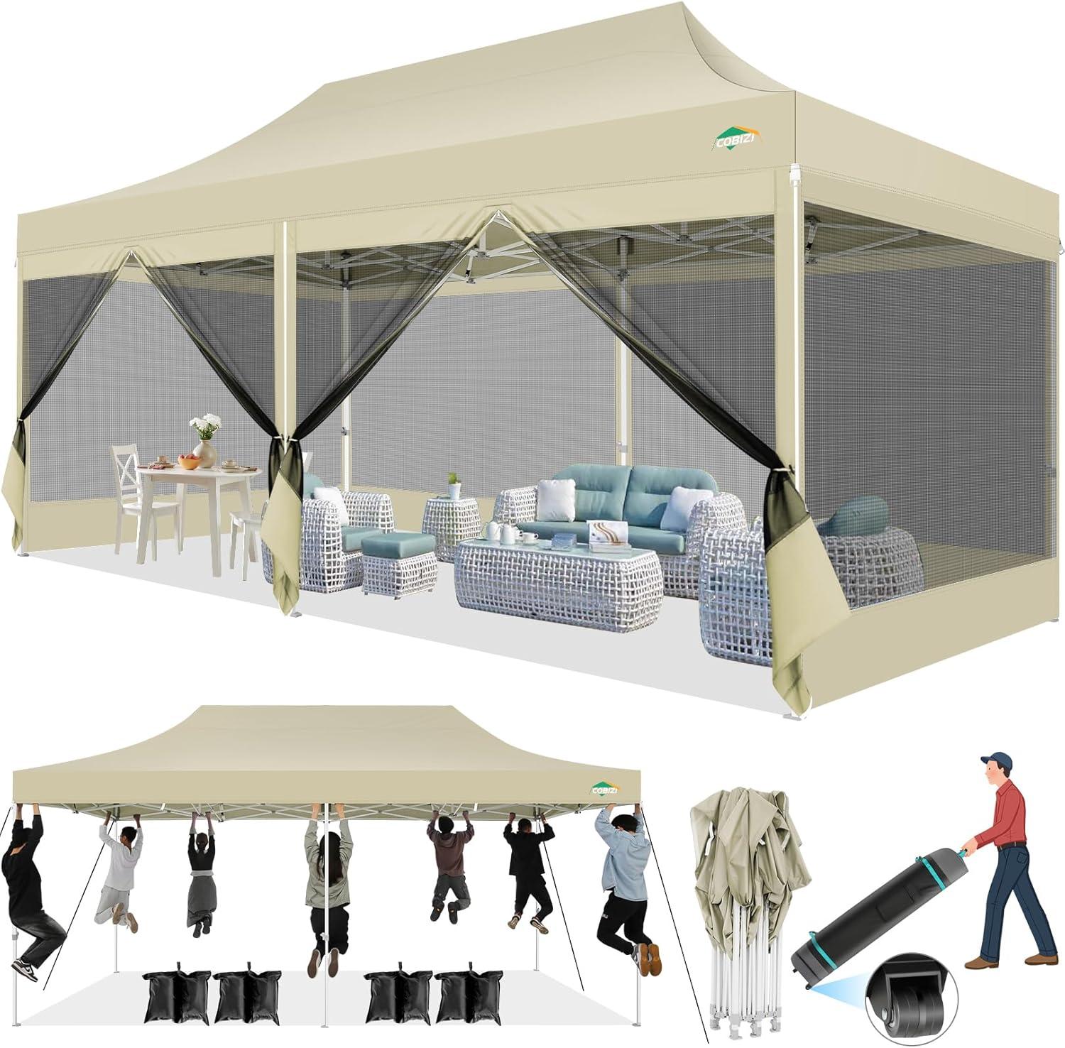 image:imageCOBIZI 10x10 Canopy Tent with 4 SidewallsHeavy Duty Pop up Canopy with Mosquito NettingEasy up Screen Tent for Parties Wedding Outdoor Camping with HandbagKhakiKhaki
