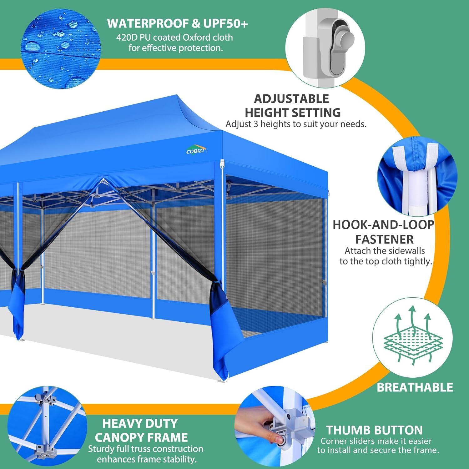 image:imageCOBIZI 10x10 Canopy Tent with 4 SidewallsHeavy Duty Pop up Canopy with Mosquito NettingEasy up Screen Tent for Parties Wedding Outdoor Camping with HandbagKhakiBlue