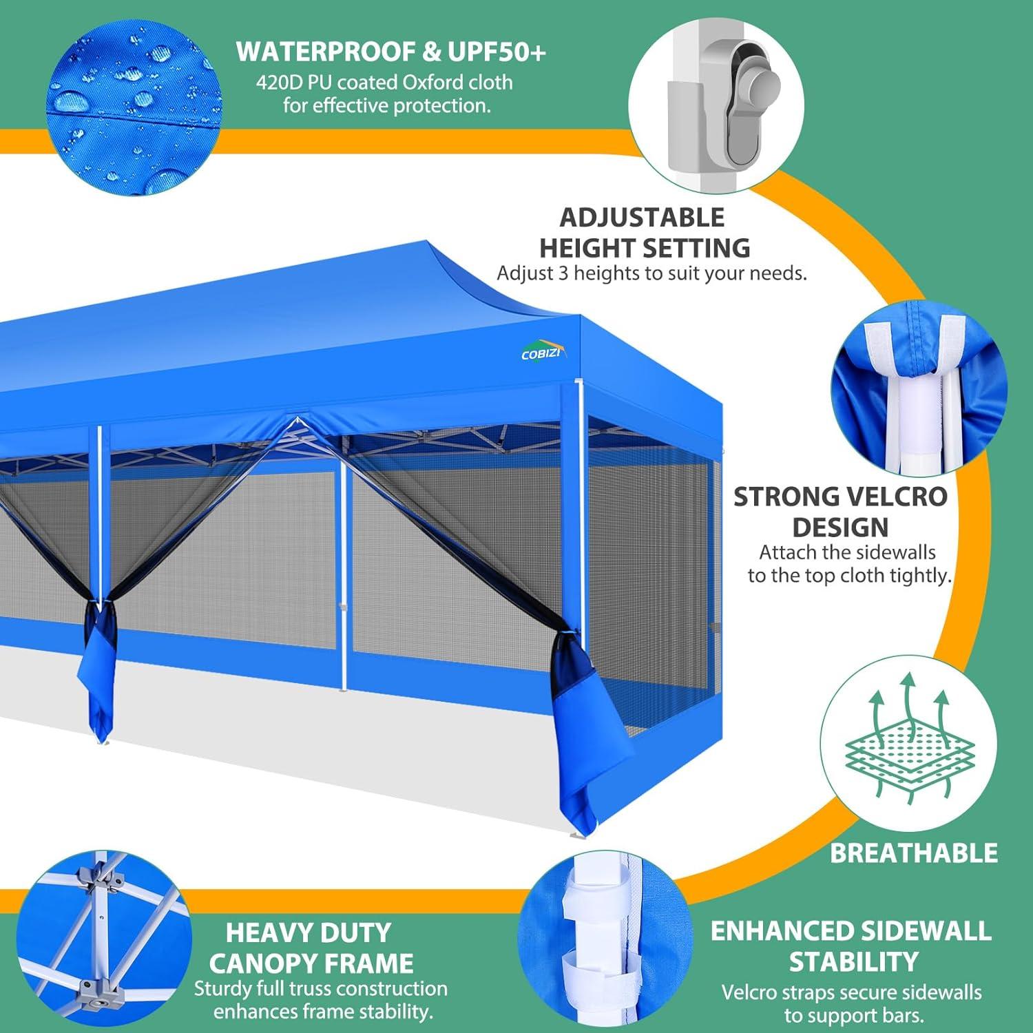 image:imageCOBIZI 10x10 Canopy Tent with 4 SidewallsHeavy Duty Pop up Canopy with Mosquito NettingEasy up Screen Tent for Parties Wedding Outdoor Camping with HandbagKhakiBlue