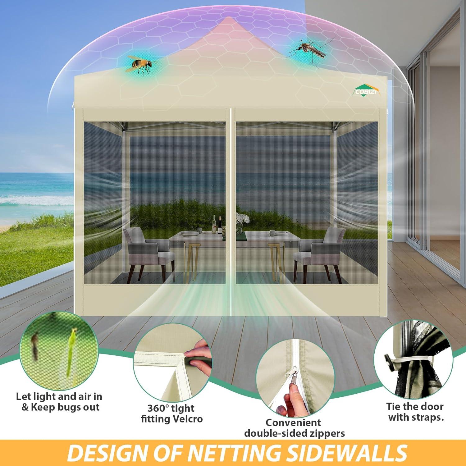 image:imageCOBIZI 10x10 Canopy Tent with 4 SidewallsHeavy Duty Pop up Canopy with Mosquito NettingEasy up Screen Tent for Parties Wedding Outdoor Camping with HandbagKhakiKhaki