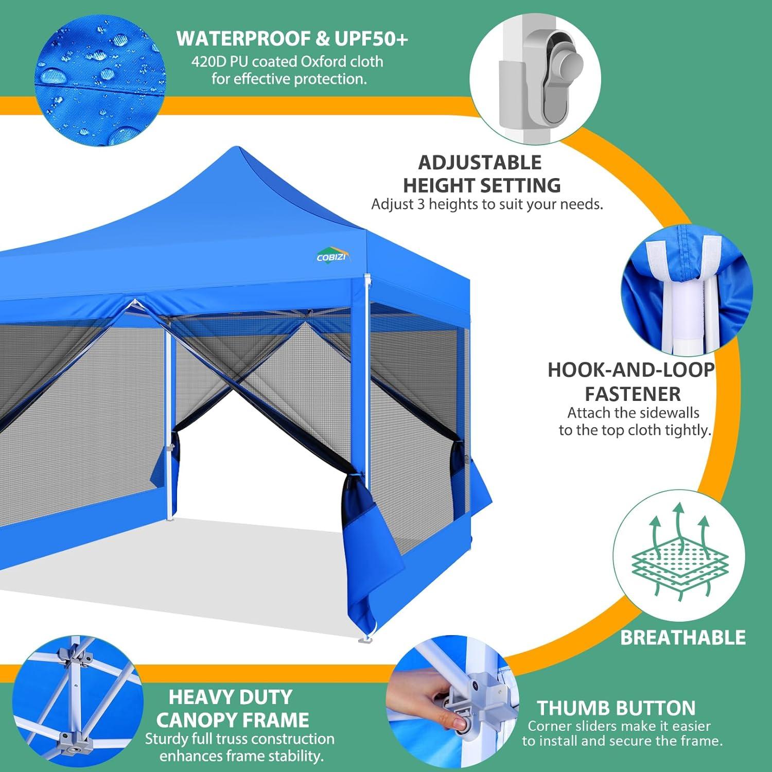 image:imageCOBIZI 10x10 Canopy Tent with 4 SidewallsHeavy Duty Pop up Canopy with Mosquito NettingEasy up Screen Tent for Parties Wedding Outdoor Camping with HandbagKhakiBlue