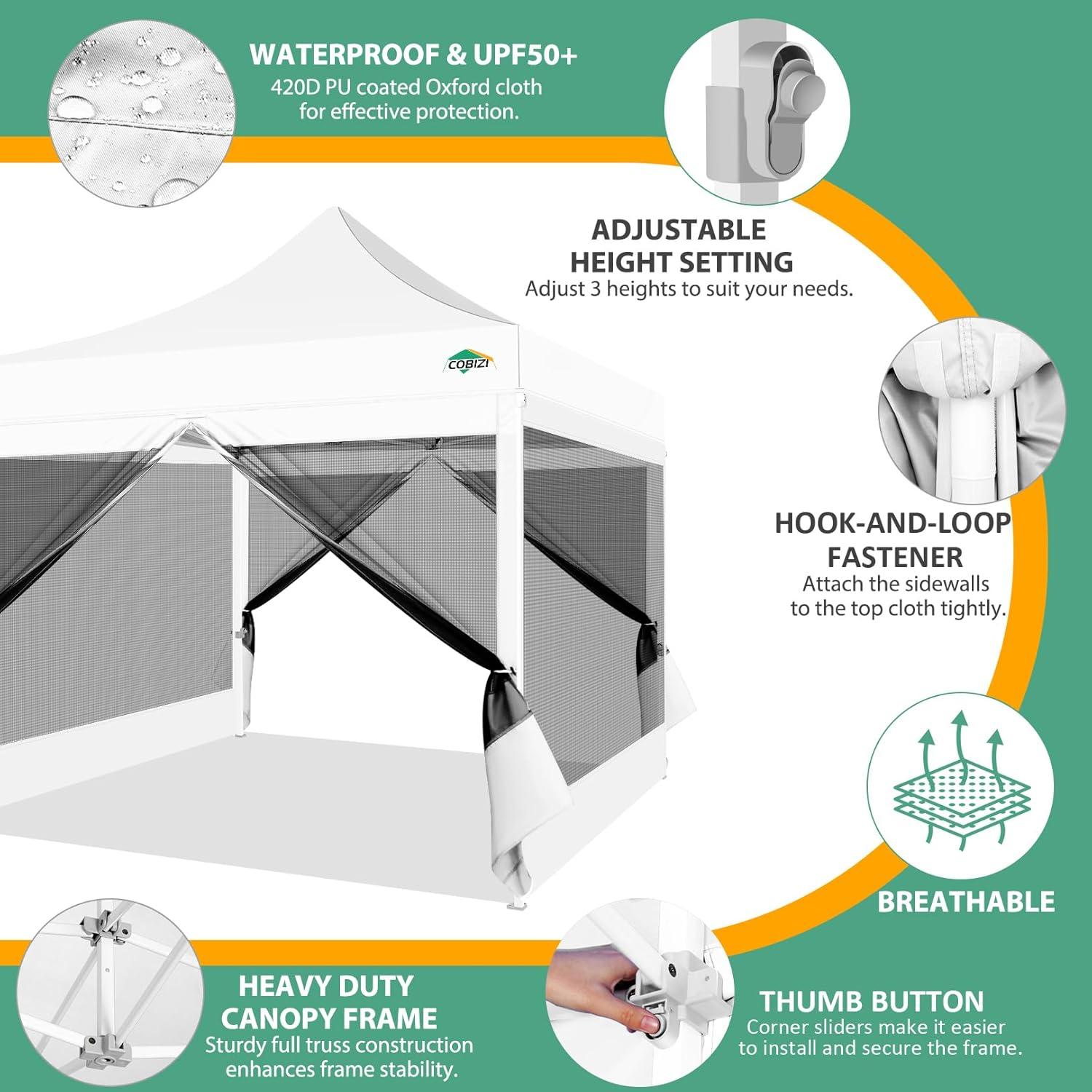 image:imageCOBIZI 10x10 Canopy Tent with 4 SidewallsHeavy Duty Pop up Canopy with Mosquito NettingEasy up Screen Tent for Parties Wedding Outdoor Camping with HandbagKhakiWhite