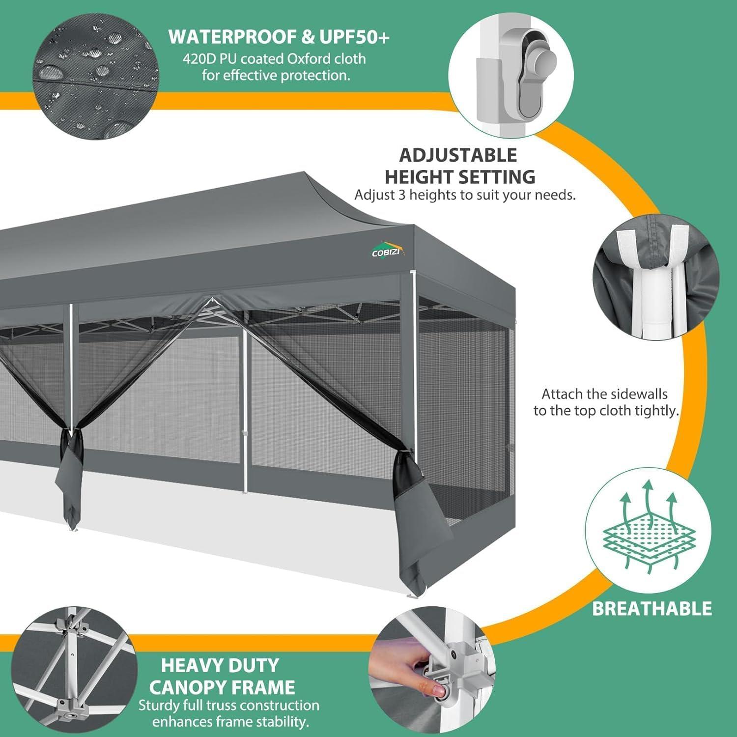 image:imageCOBIZI 10x10 Canopy Tent with 4 SidewallsHeavy Duty Pop up Canopy with Mosquito NettingEasy up Screen Tent for Parties Wedding Outdoor Camping with HandbagKhakiGray