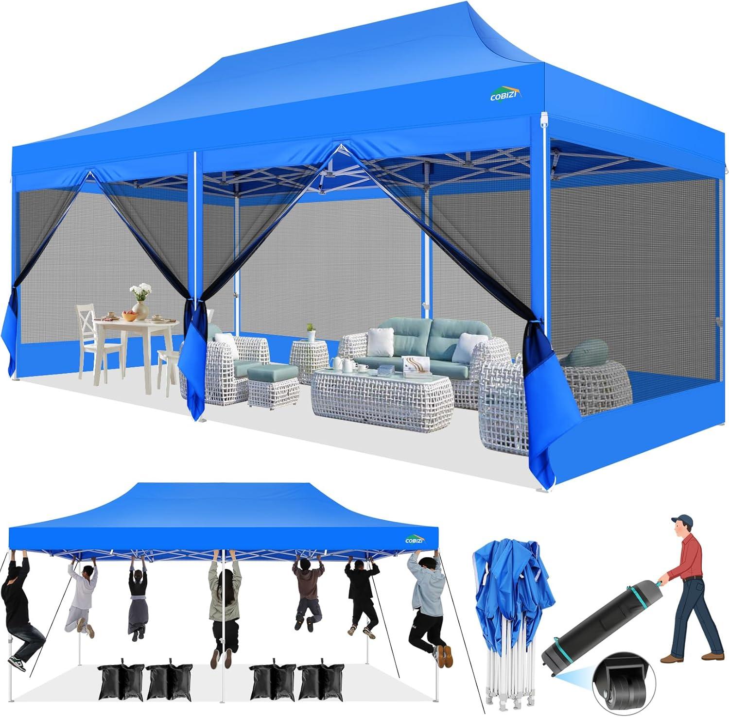 image:imageCOBIZI 10x10 Canopy Tent with 4 SidewallsHeavy Duty Pop up Canopy with Mosquito NettingEasy up Screen Tent for Parties Wedding Outdoor Camping with HandbagKhakiBlue