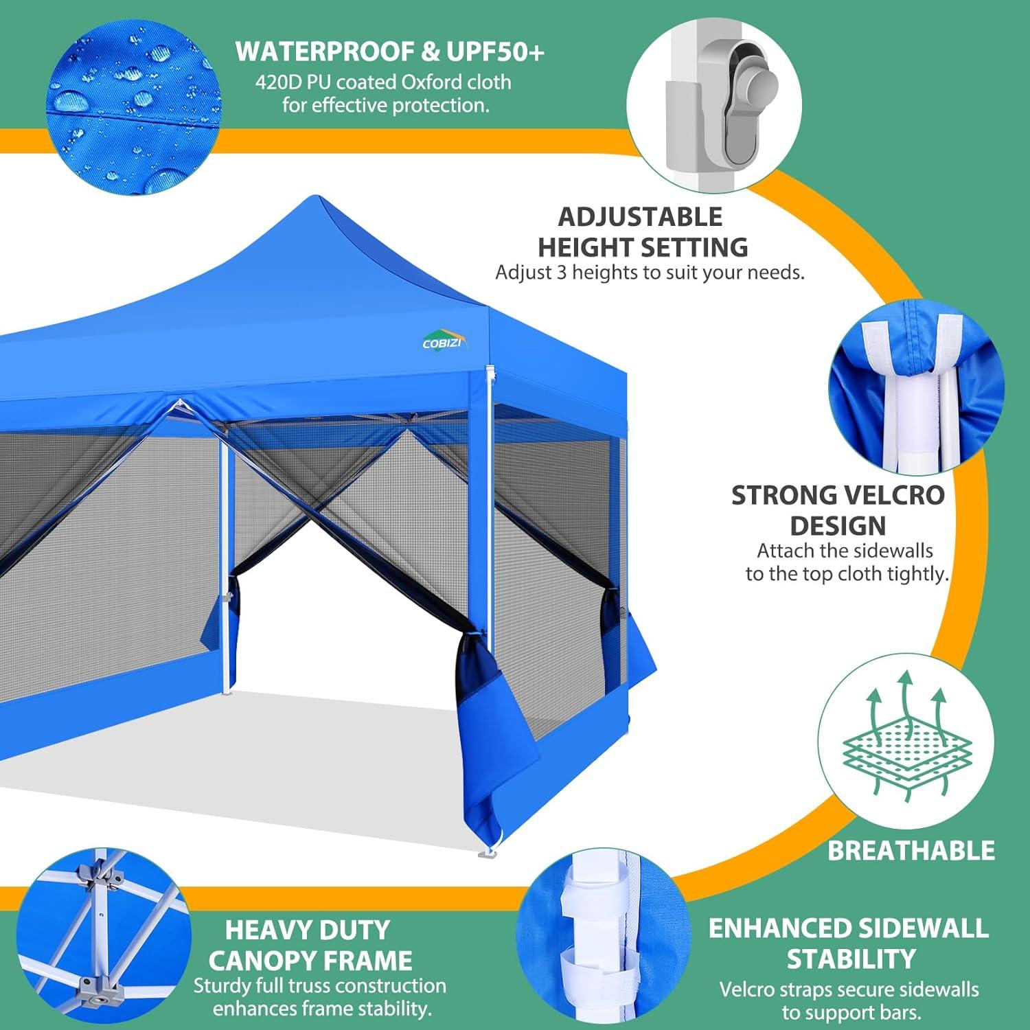 image:imageCOBIZI 10x10 Canopy Tent with 4 SidewallsHeavy Duty Pop up Canopy with Mosquito NettingEasy up Screen Tent for Parties Wedding Outdoor Camping with HandbagKhakiBlue