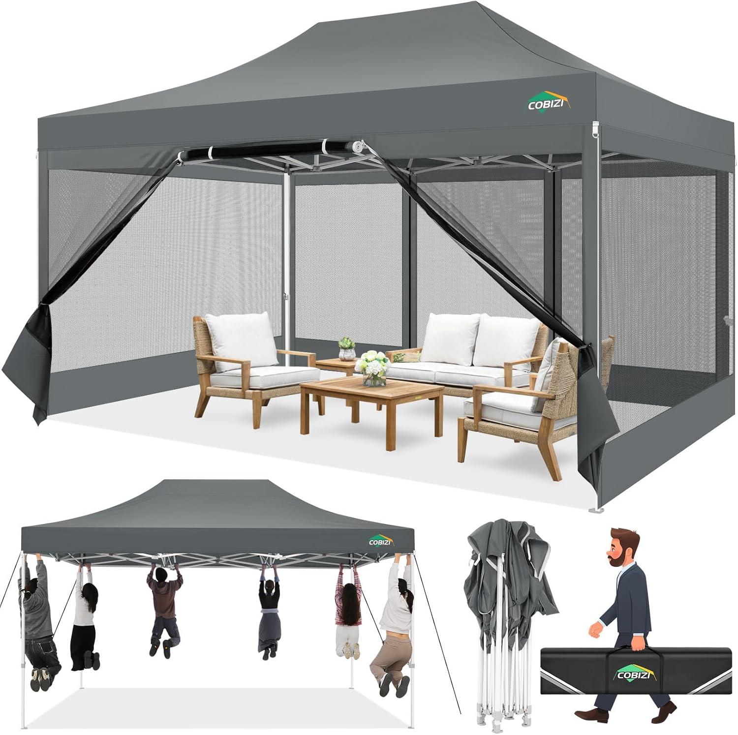 image:imageCOBIZI 10x10 Canopy Tent with 4 SidewallsHeavy Duty Pop up Canopy with Mosquito NettingEasy up Screen Tent for Parties Wedding Outdoor Camping with HandbagKhakiGray