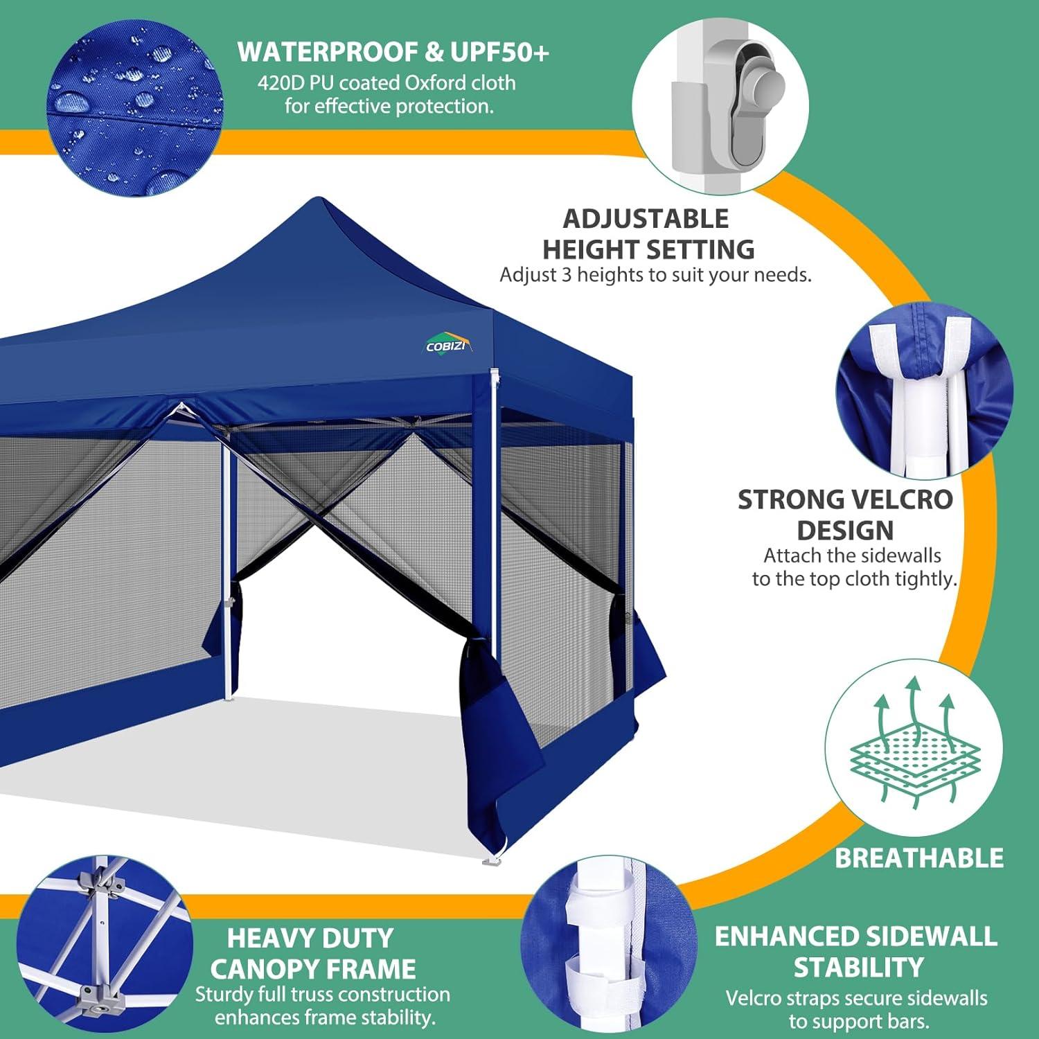 image:imageCOBIZI 10x10 Canopy Tent with 4 SidewallsHeavy Duty Pop up Canopy with Mosquito NettingEasy up Screen Tent for Parties Wedding Outdoor Camping with HandbagKhakiDeep Blue