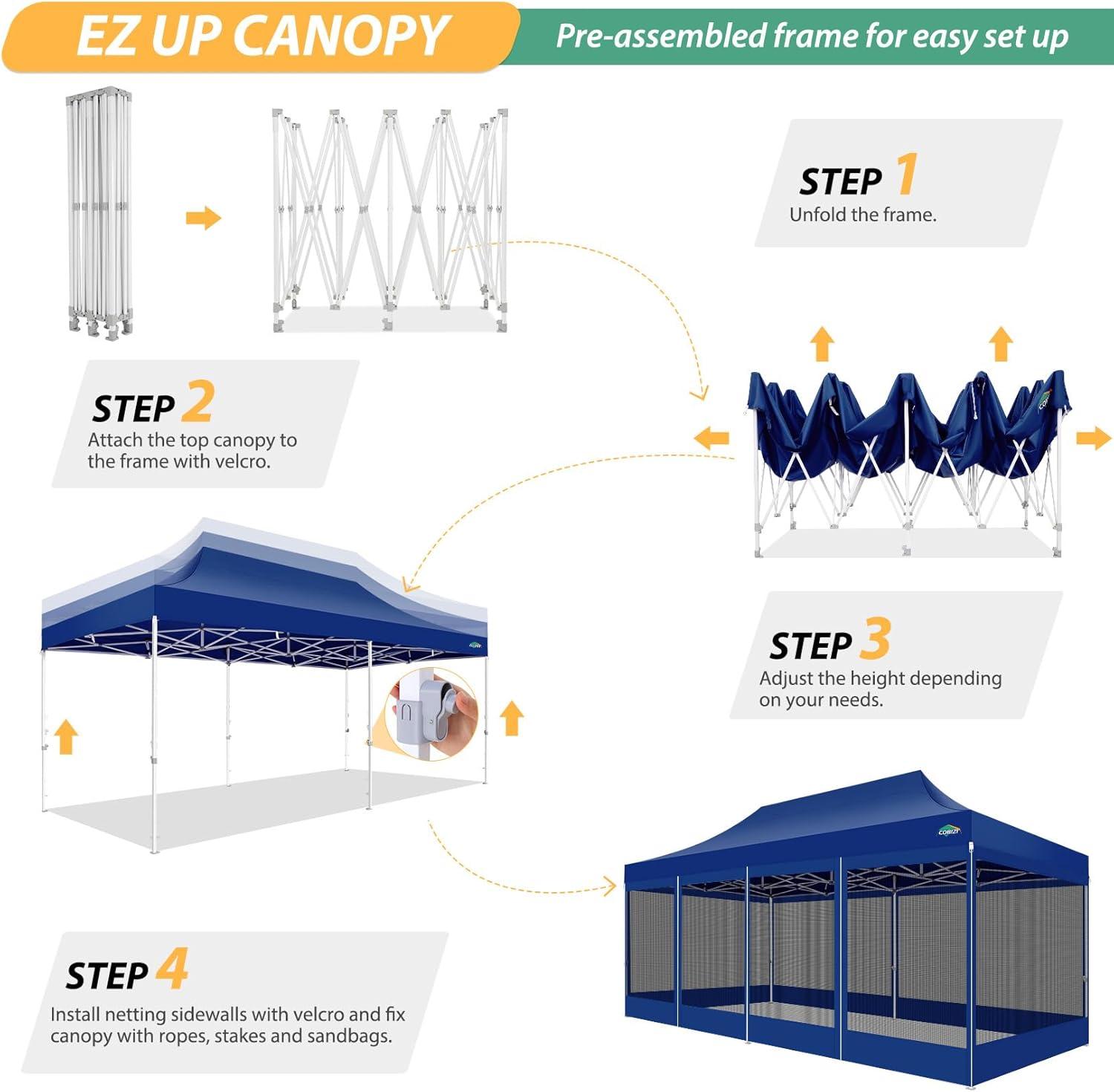 image:imageCOBIZI 10x10 Canopy Tent with 4 SidewallsHeavy Duty Pop up Canopy with Mosquito NettingEasy up Screen Tent for Parties Wedding Outdoor Camping with HandbagKhakiDeep Blue