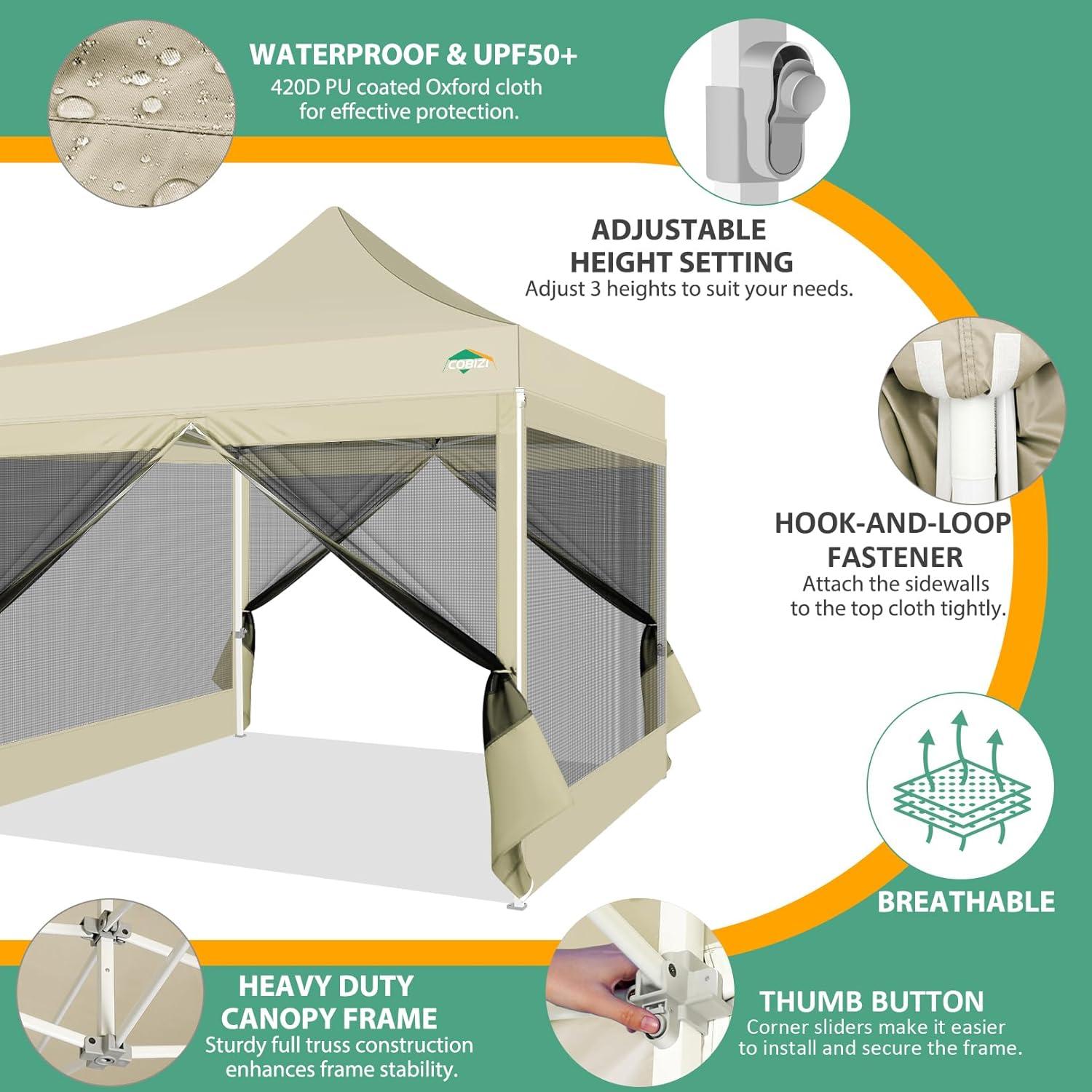 image:imageCOBIZI 10x10 Canopy Tent with 4 SidewallsHeavy Duty Pop up Canopy with Mosquito NettingEasy up Screen Tent for Parties Wedding Outdoor Camping with HandbagKhakiKhaki