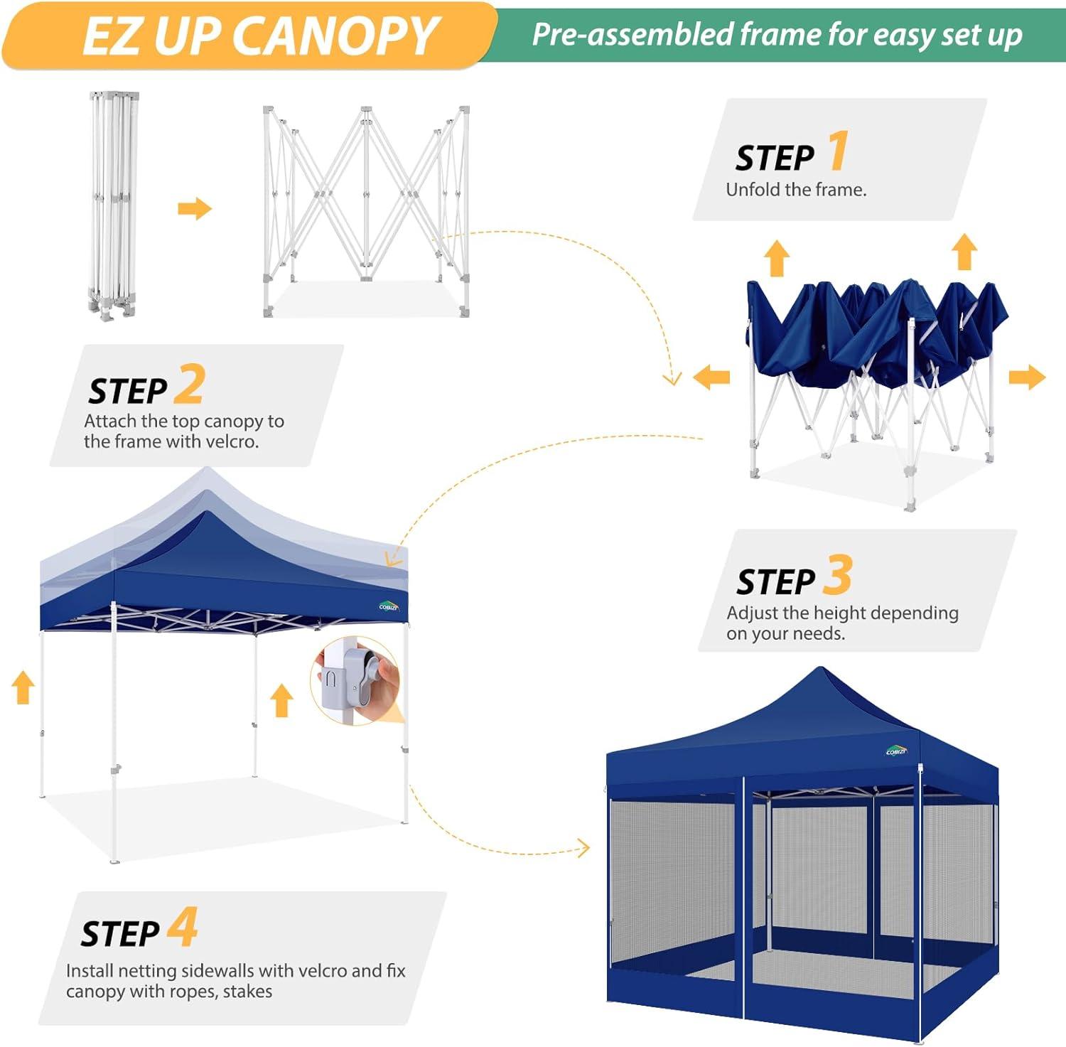 image:imageCOBIZI 10x10 Canopy Tent with 4 SidewallsHeavy Duty Pop up Canopy with Mosquito NettingEasy up Screen Tent for Parties Wedding Outdoor Camping with HandbagKhakiDeep Blue