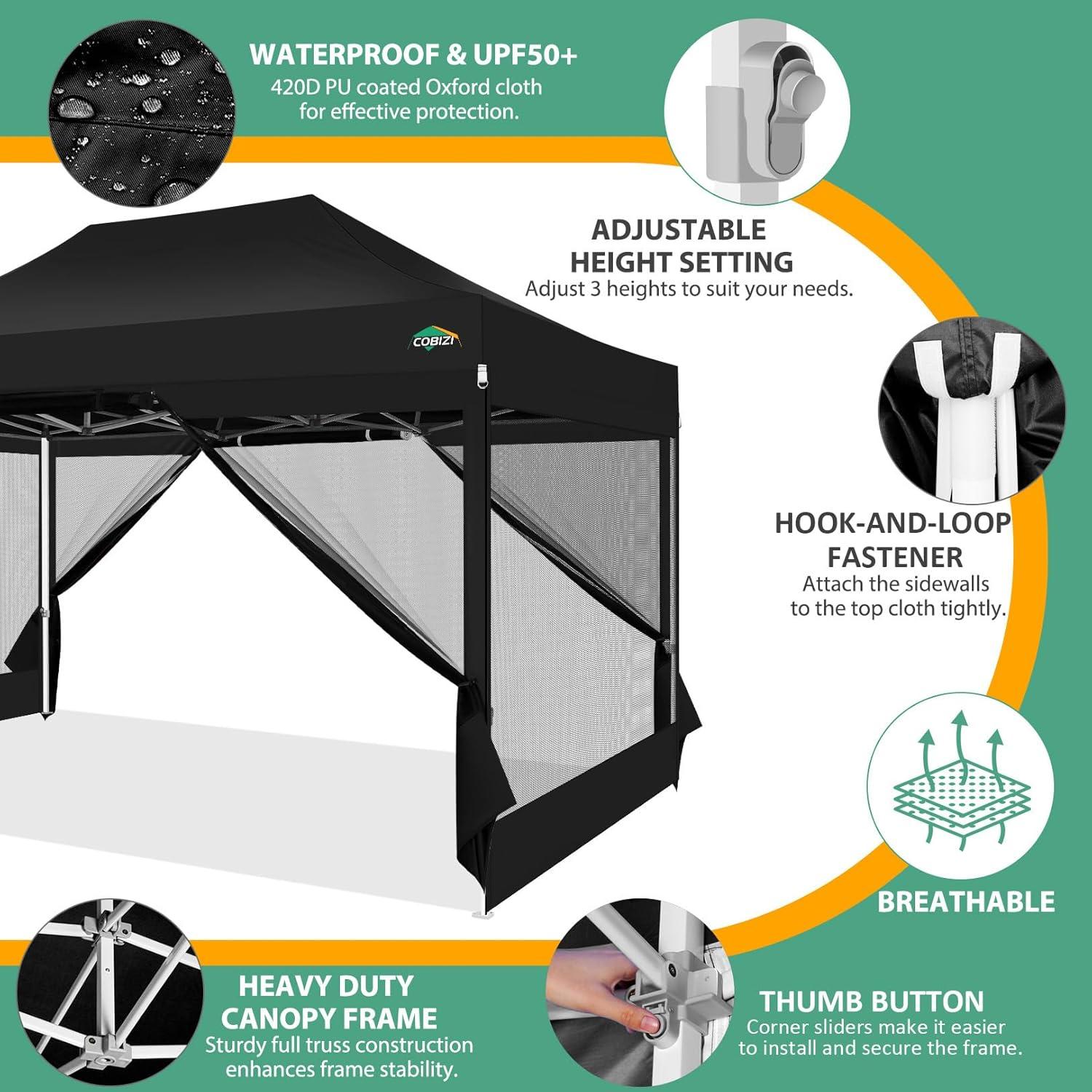 image:imageCOBIZI 10x10 Canopy Tent with 4 SidewallsHeavy Duty Pop up Canopy with Mosquito NettingEasy up Screen Tent for Parties Wedding Outdoor Camping with HandbagKhakiblack