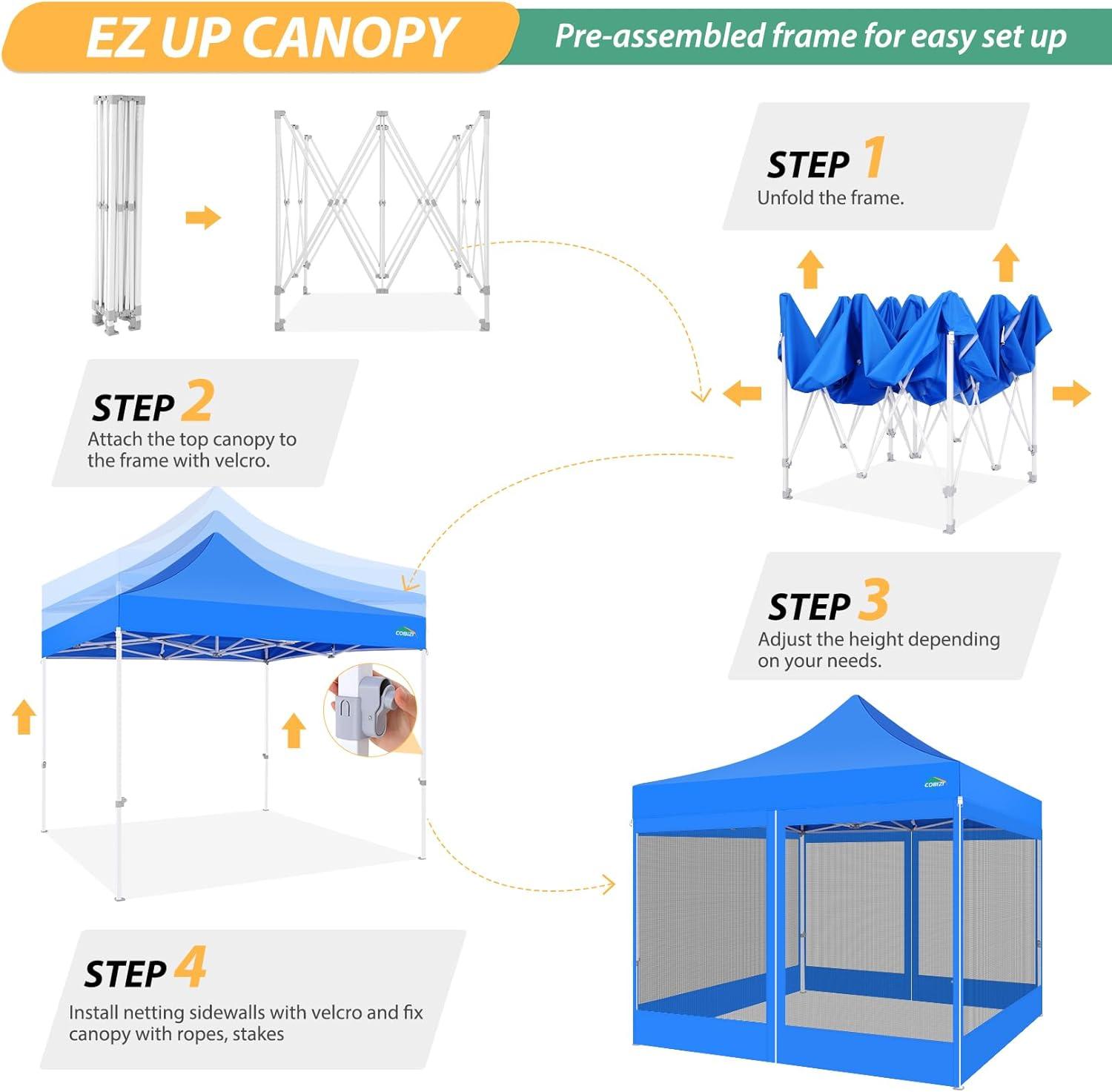 image:imageCOBIZI 10x10 Canopy Tent with 4 SidewallsHeavy Duty Pop up Canopy with Mosquito NettingEasy up Screen Tent for Parties Wedding Outdoor Camping with HandbagKhakiBlue