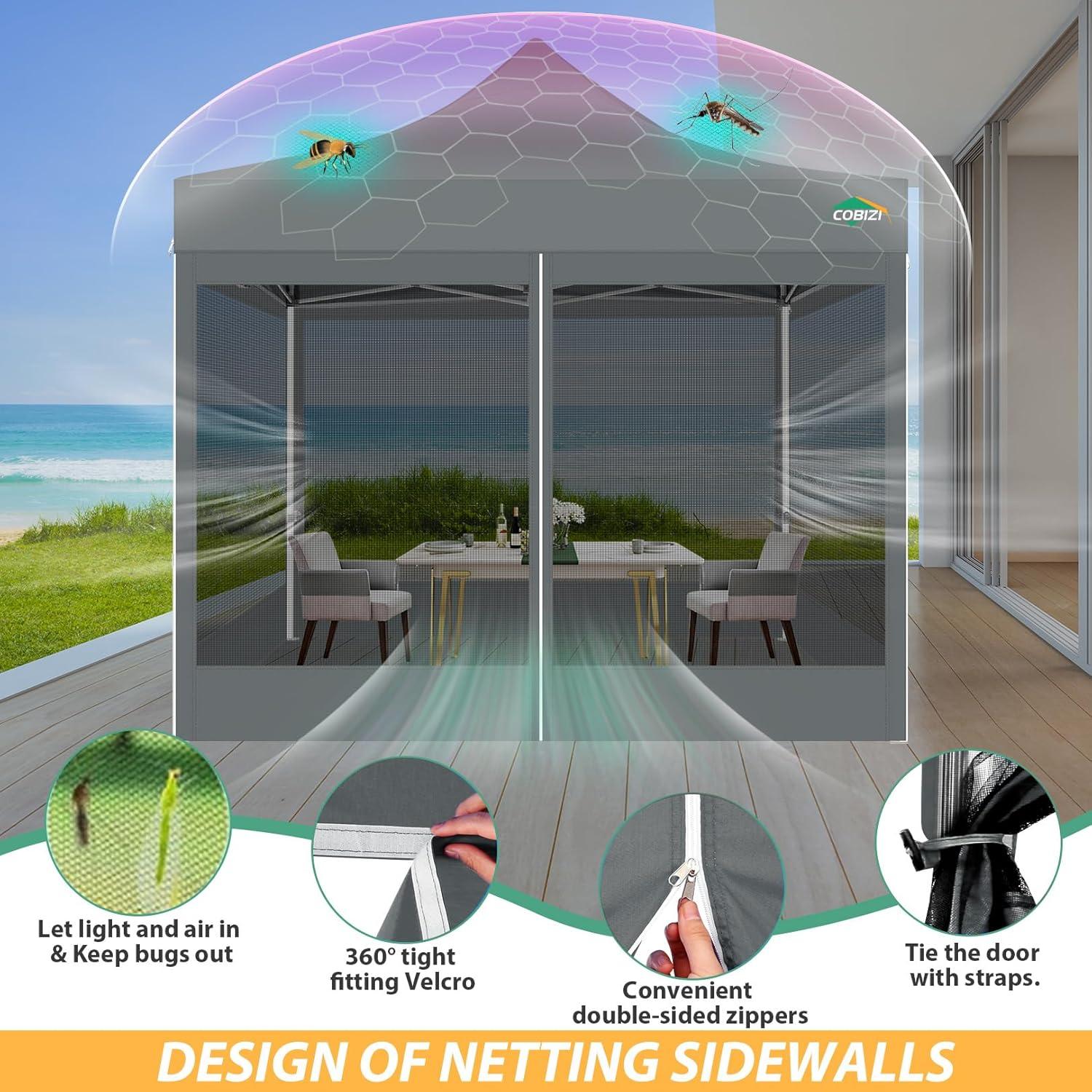 image:imageCOBIZI 10x10 Canopy Tent with 4 SidewallsHeavy Duty Pop up Canopy with Mosquito NettingEasy up Screen Tent for Parties Wedding Outdoor Camping with HandbagKhakiGray