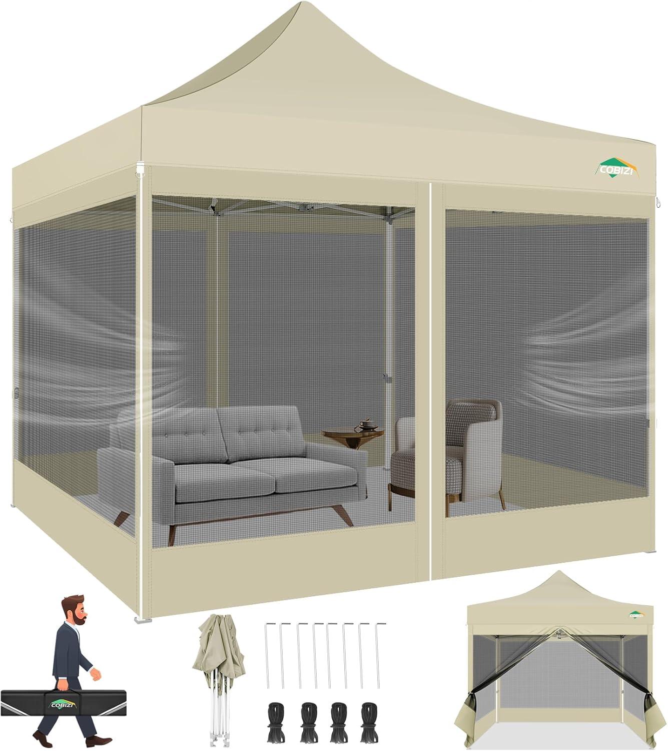 image:imageCOBIZI 10x10 Canopy Tent with 4 SidewallsHeavy Duty Pop up Canopy with Mosquito NettingEasy up Screen Tent for Parties Wedding Outdoor Camping with HandbagKhakiKhaki