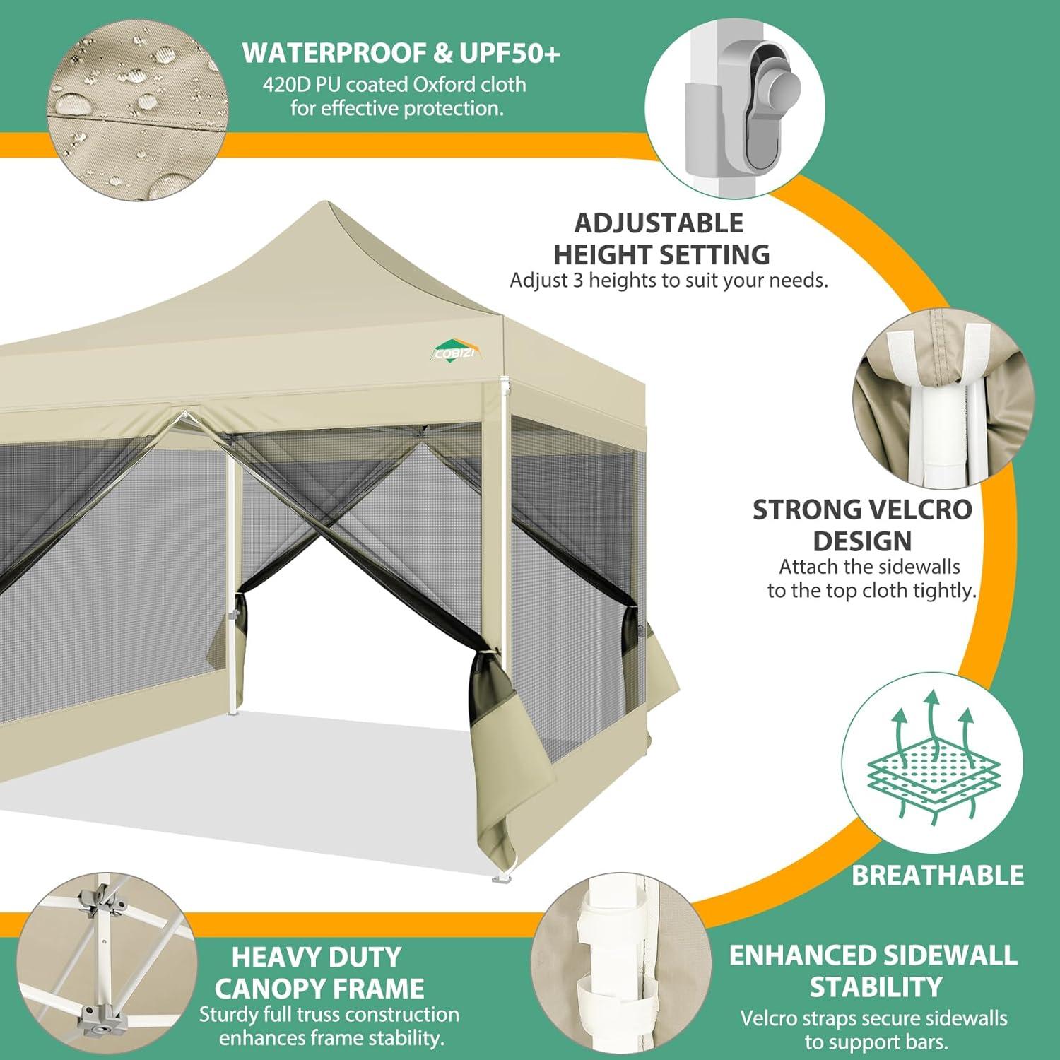 image:imageCOBIZI 10x10 Canopy Tent with 4 SidewallsHeavy Duty Pop up Canopy with Mosquito NettingEasy up Screen Tent for Parties Wedding Outdoor Camping with HandbagKhakiKhaki