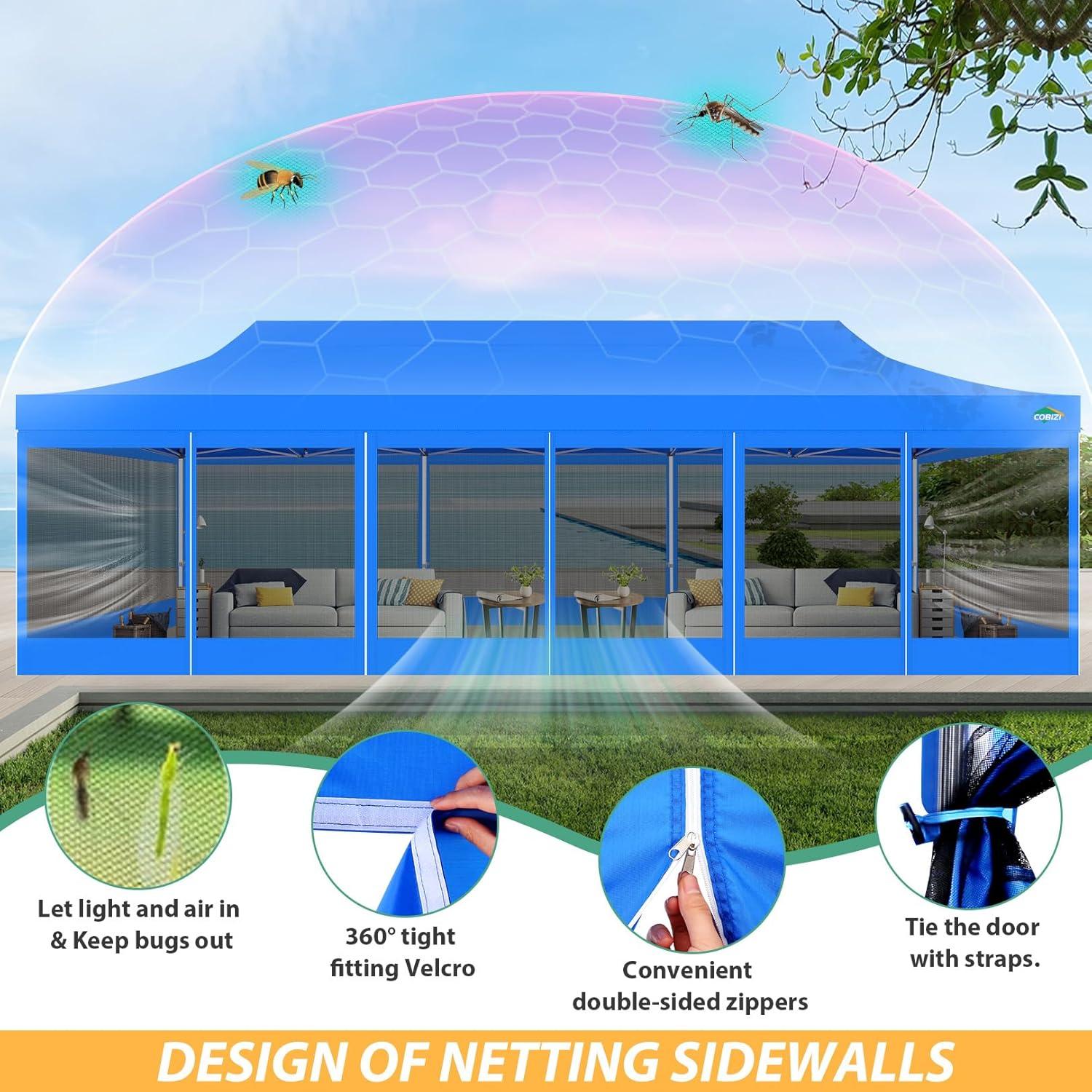 image:imageCOBIZI 10x10 Canopy Tent with 4 SidewallsHeavy Duty Pop up Canopy with Mosquito NettingEasy up Screen Tent for Parties Wedding Outdoor Camping with HandbagKhakiBlue