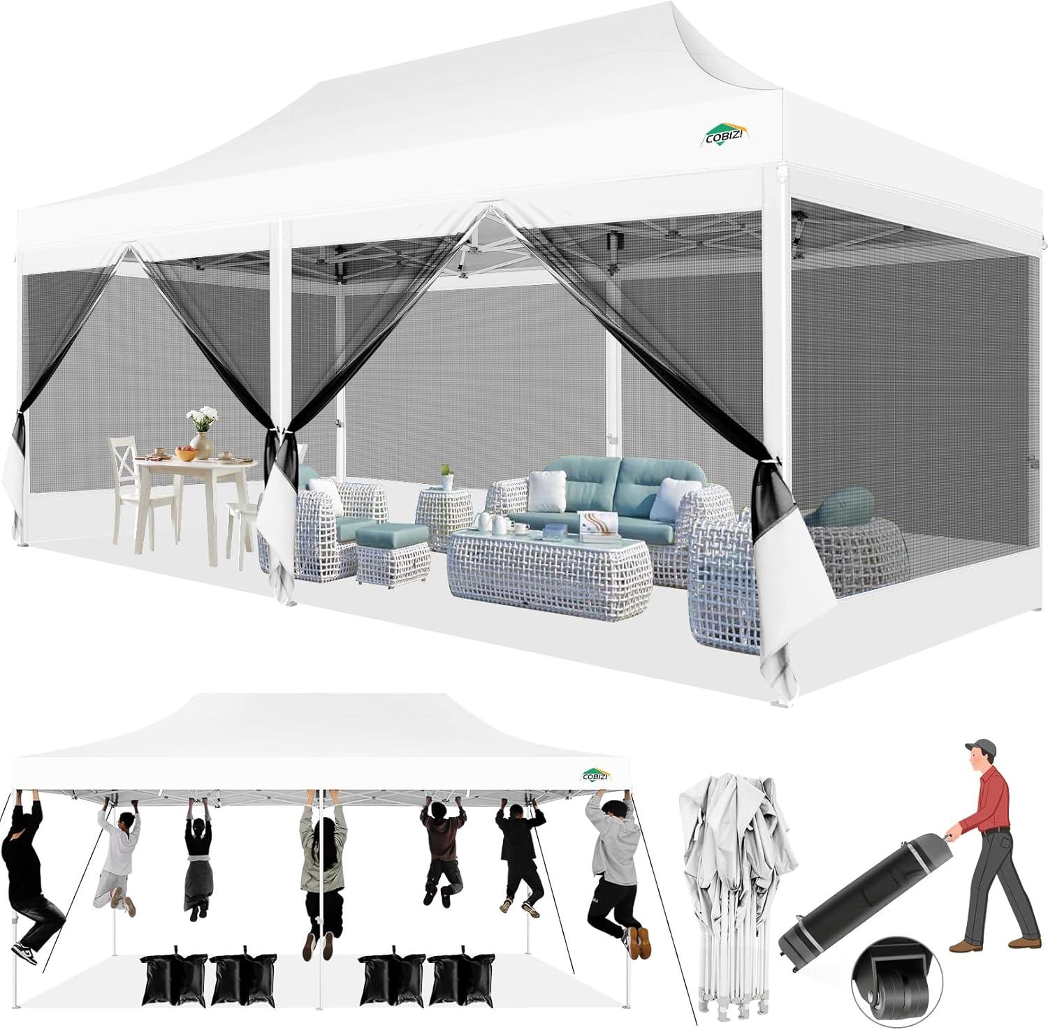 image:imageCOBIZI 10x10 Canopy Tent with 4 SidewallsHeavy Duty Pop up Canopy with Mosquito NettingEasy up Screen Tent for Parties Wedding Outdoor Camping with HandbagKhakiWhite