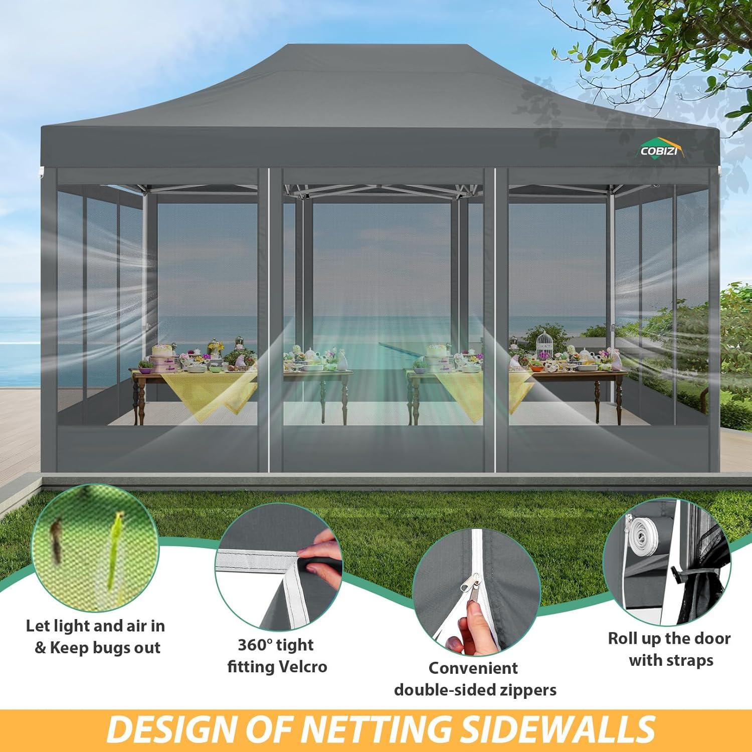 image:imageCOBIZI 10x10 Canopy Tent with 4 SidewallsHeavy Duty Pop up Canopy with Mosquito NettingEasy up Screen Tent for Parties Wedding Outdoor Camping with HandbagKhakiGray