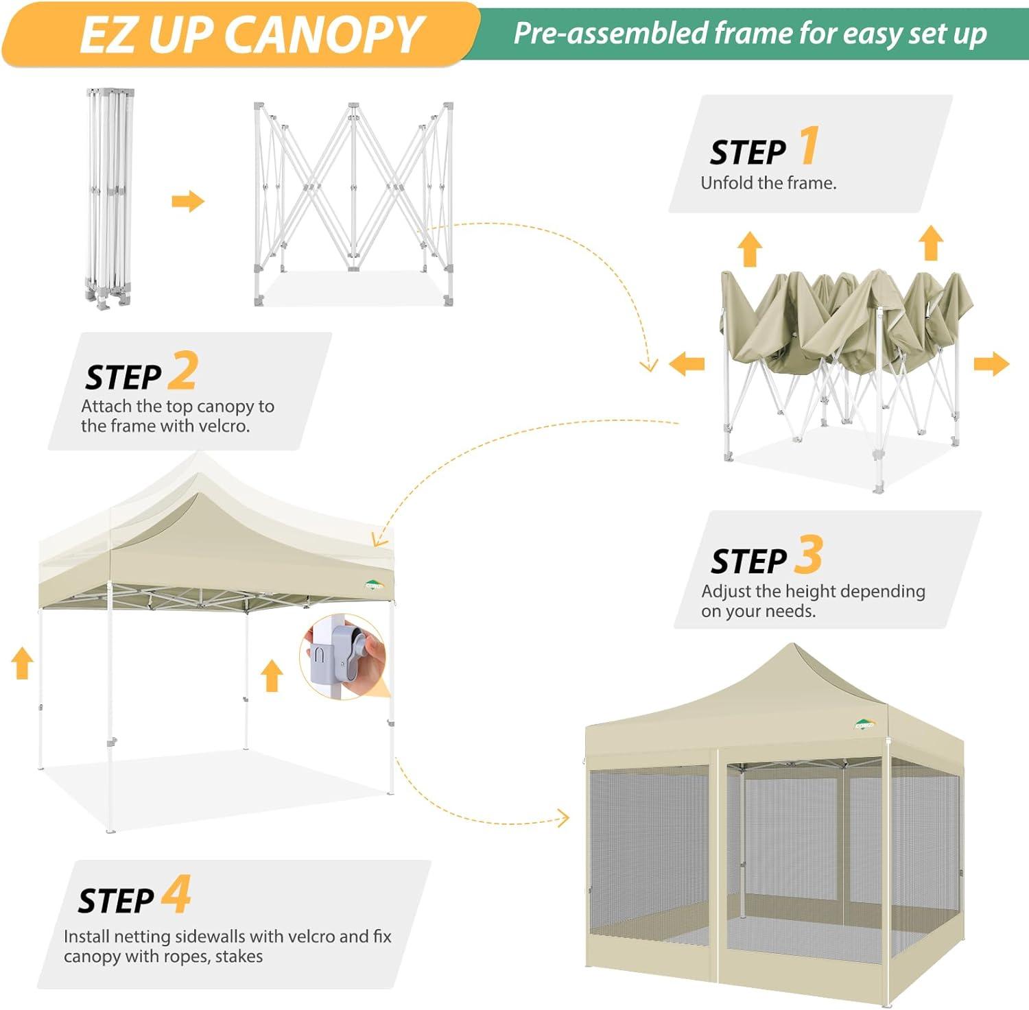 image:imageCOBIZI 10x10 Canopy Tent with 4 SidewallsHeavy Duty Pop up Canopy with Mosquito NettingEasy up Screen Tent for Parties Wedding Outdoor Camping with HandbagKhakiKhaki