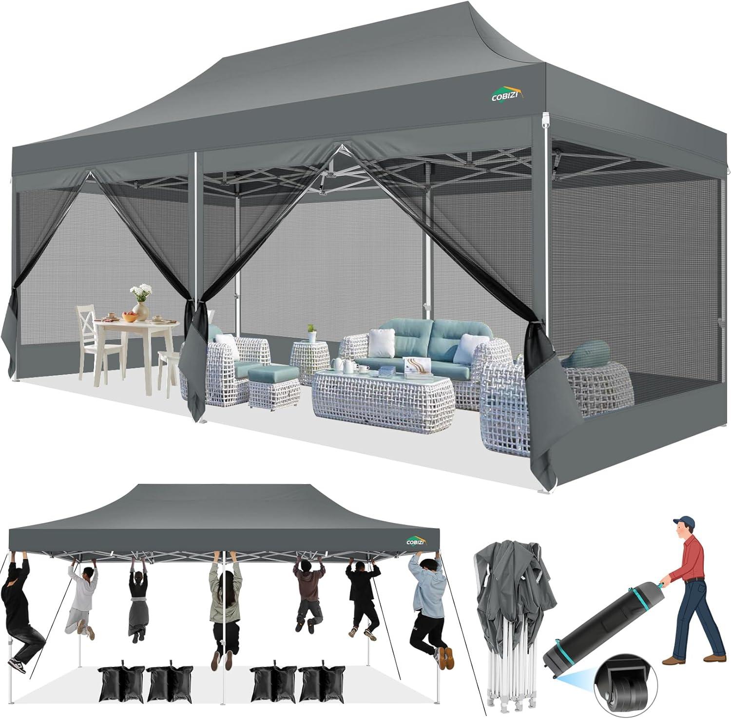 image:imageCOBIZI 10x10 Canopy Tent with 4 SidewallsHeavy Duty Pop up Canopy with Mosquito NettingEasy up Screen Tent for Parties Wedding Outdoor Camping with HandbagKhakiGray